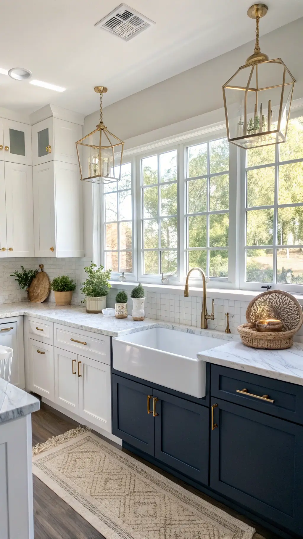 Bright, airy kitchen with white Shaker cabinets, navy island, marble countertops, brass accents, and morning sunlight streaming through a large window above a farmhouse sink.