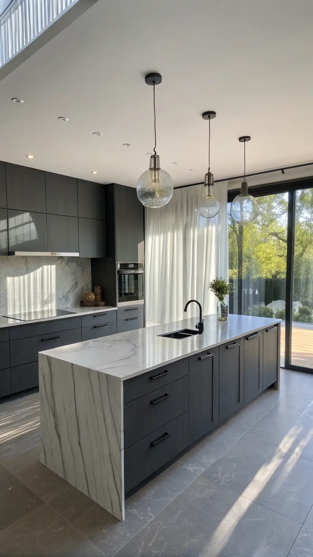 Modern 14x16 kitchen with charcoal gray flat-panel cabinets, waterfall quartz island, matte black hardware, and stainless appliances under mixed natural and task lighting.