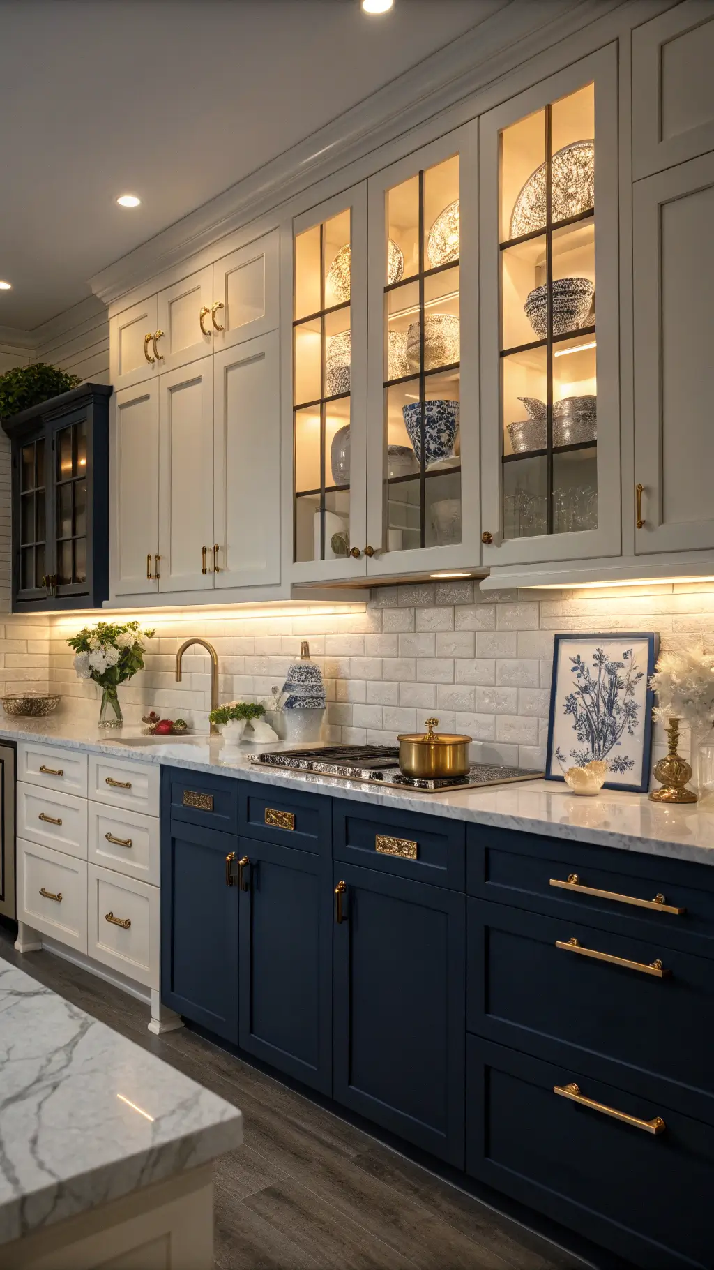 Transitional 11x13ft kitchen with cream upper and navy lower cabinets, brass hardware, and moody dusk lighting, featuring white subway tile backsplash, marble accents, and chinoiserie decor.