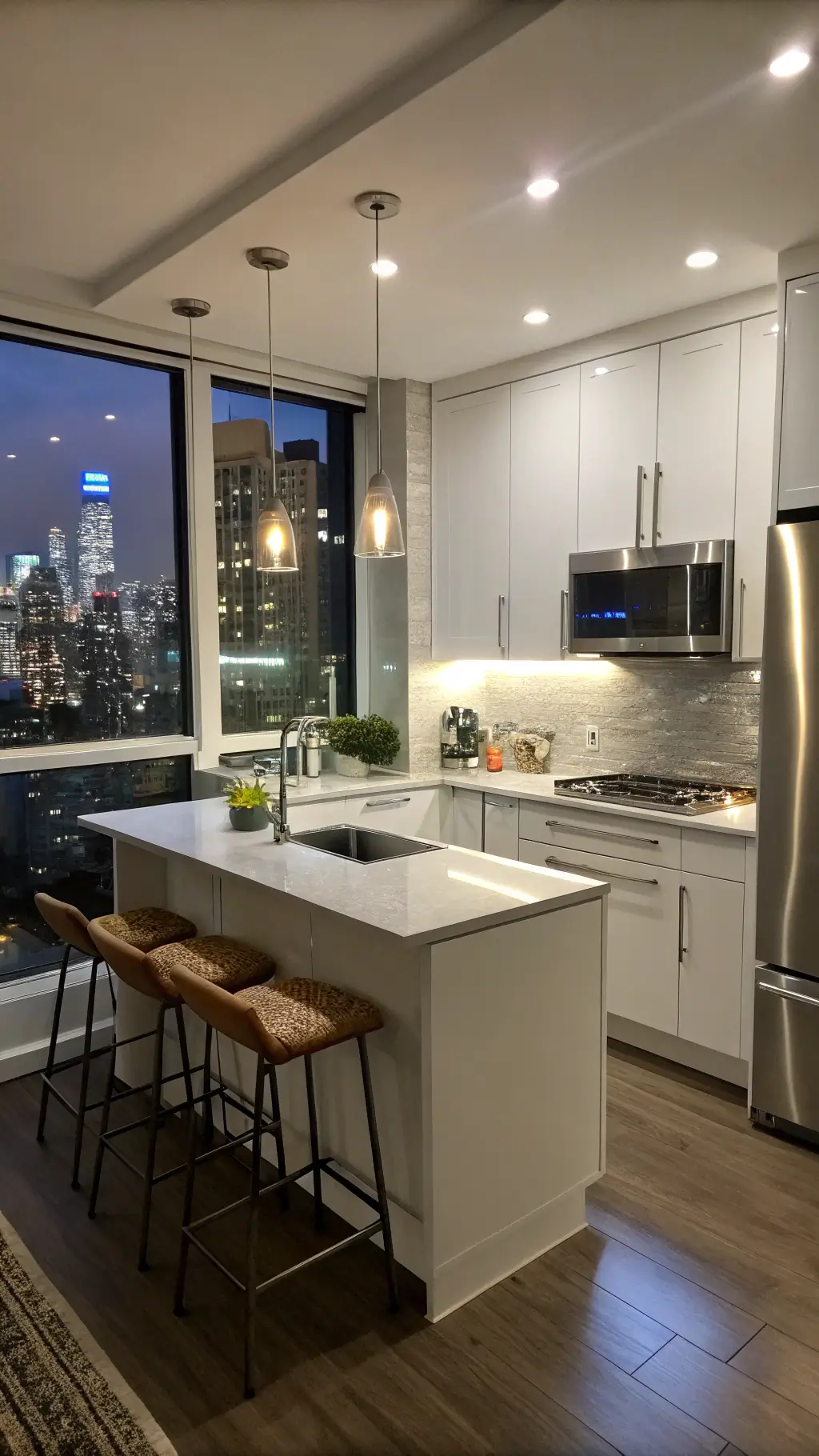 Modern 9x11 urban kitchen with glossy white cabinets, stainless steel appliances, and a small waterfall-edge island, illuminated by under-cabinet lighting and city lights through the window.