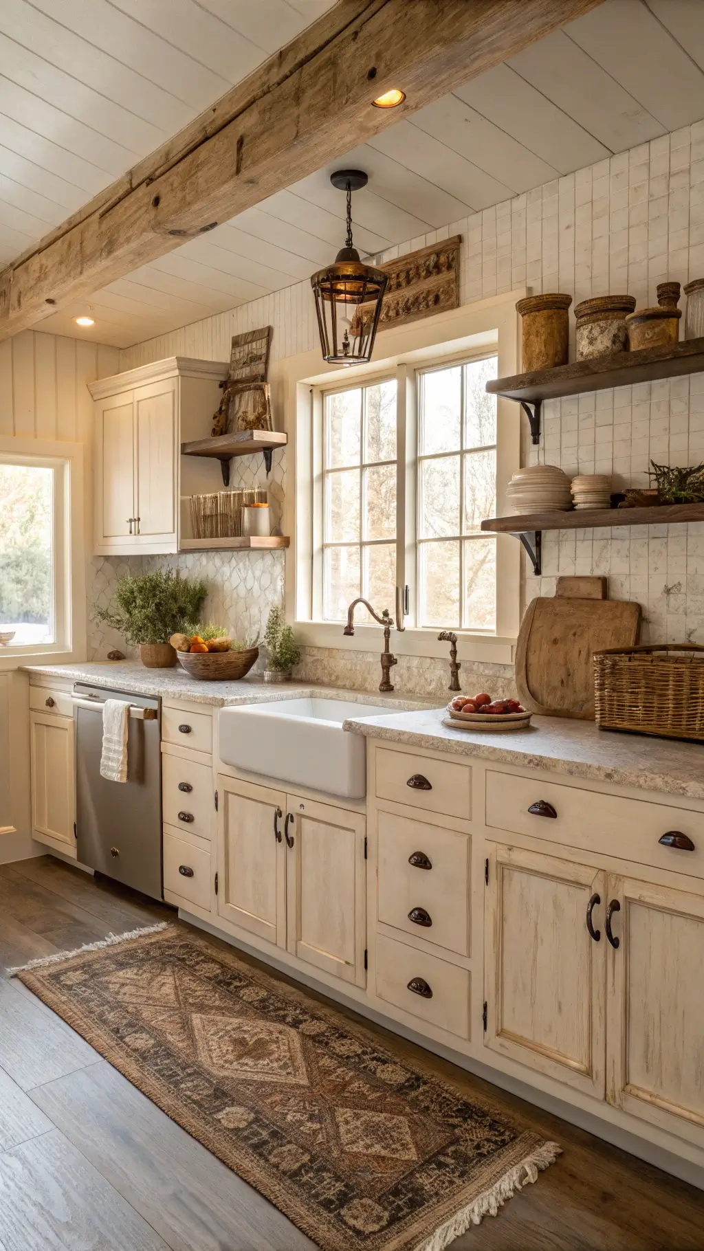 Farmhouse kitchen with distressed cream cabinets, butcher block island, apron sink, open wood shelves, and vintage brass hardware in sunlit space.