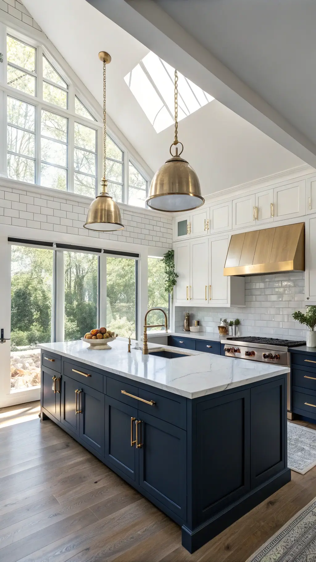 Sophisticated contemporary navy kitchen with brass hardware, marble waterfall countertops, and early morning light streaming through floor-to-ceiling windows.