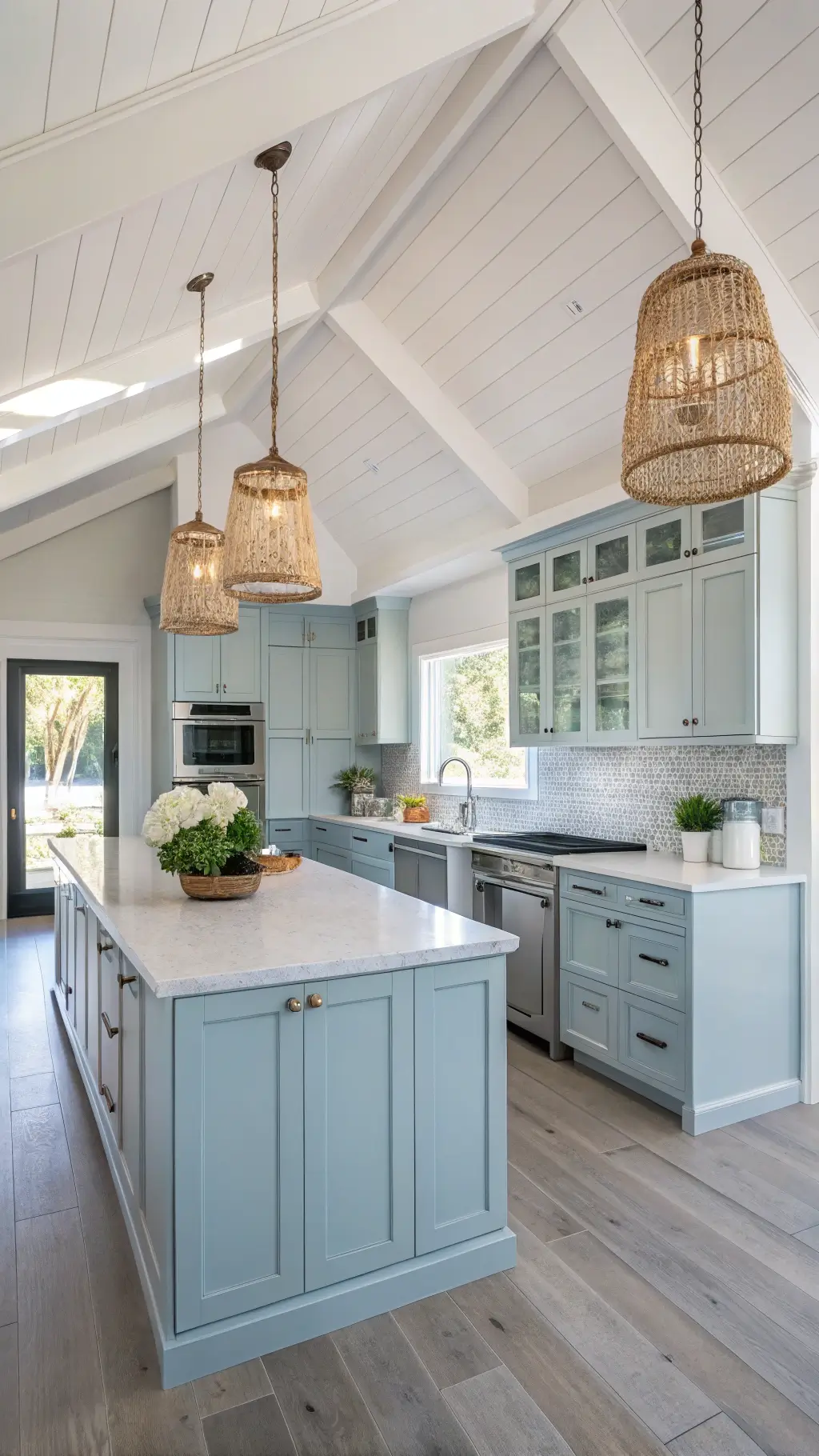 Coastal kitchen with powder blue cabinets, whitewashed oak floors, rattan pendant lights, and sea-inspired decor in airy late afternoon lighting.