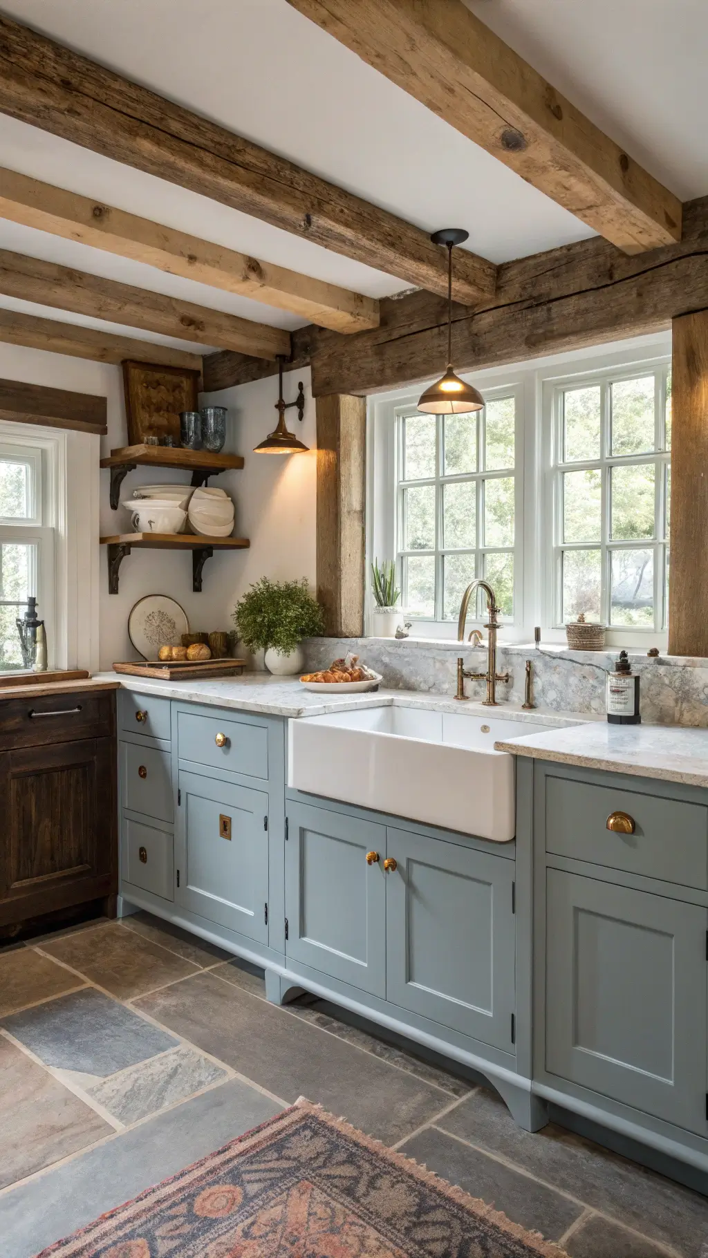 Traditional farmhouse kitchen with dusty blue lower cabinets, white uppers, exposed wooden beams, porcelain sink under mullioned window, brass sconces, soapstone counters, and copper accessories.