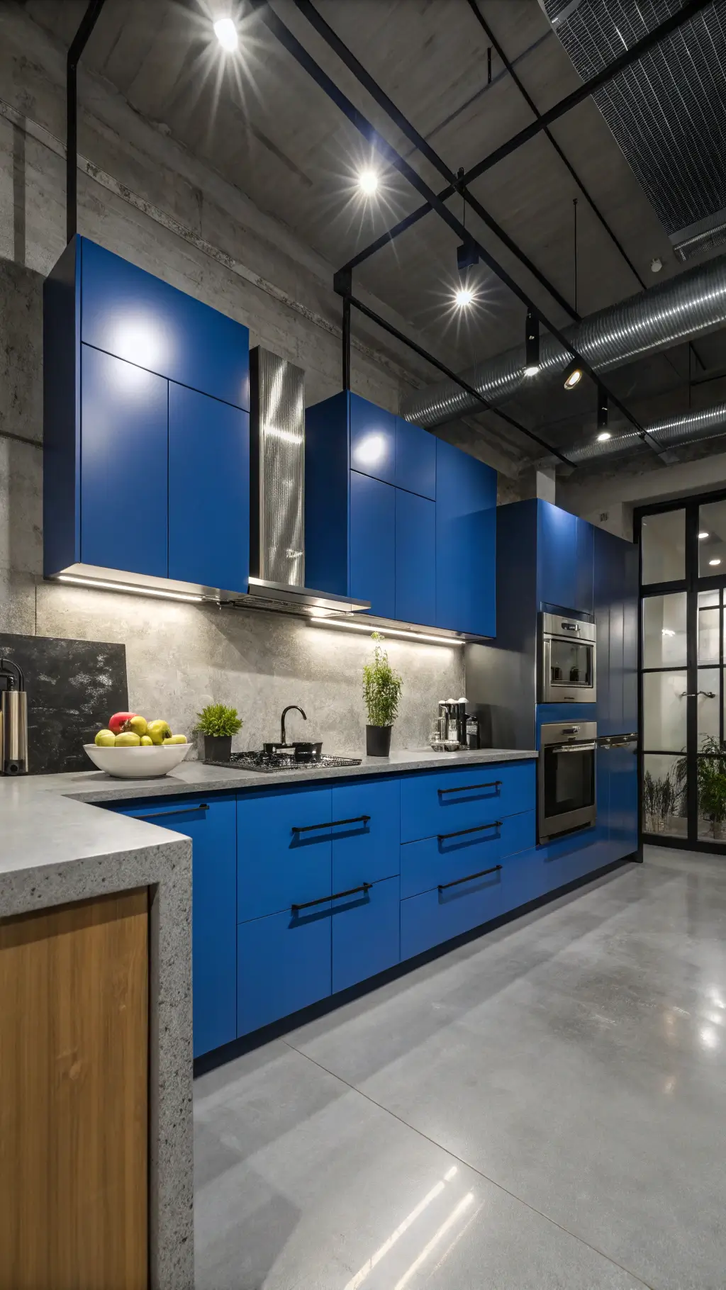 Contemporary urban kitchen with electric blue high-gloss cabinets, concrete countertops, and stainless steel appliances, dramatically lit at night with bold shadows and minimalist industrial styling.