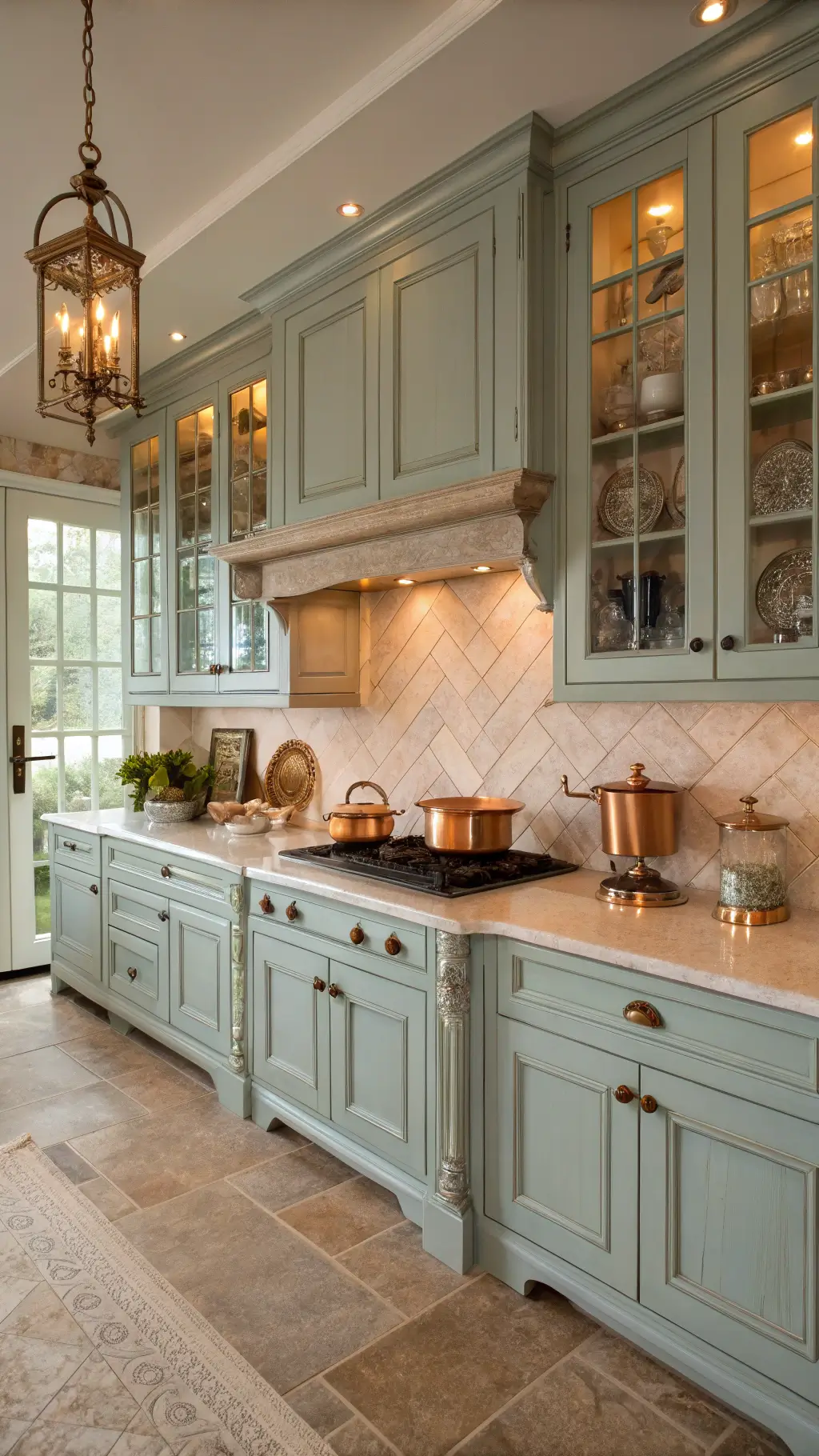 French country kitchen with robin's egg blue cabinets, bronze handles, and cream limestone counters under golden hour light, featuring copper cookware, vintage scales, and a herringbone tile backsplash.