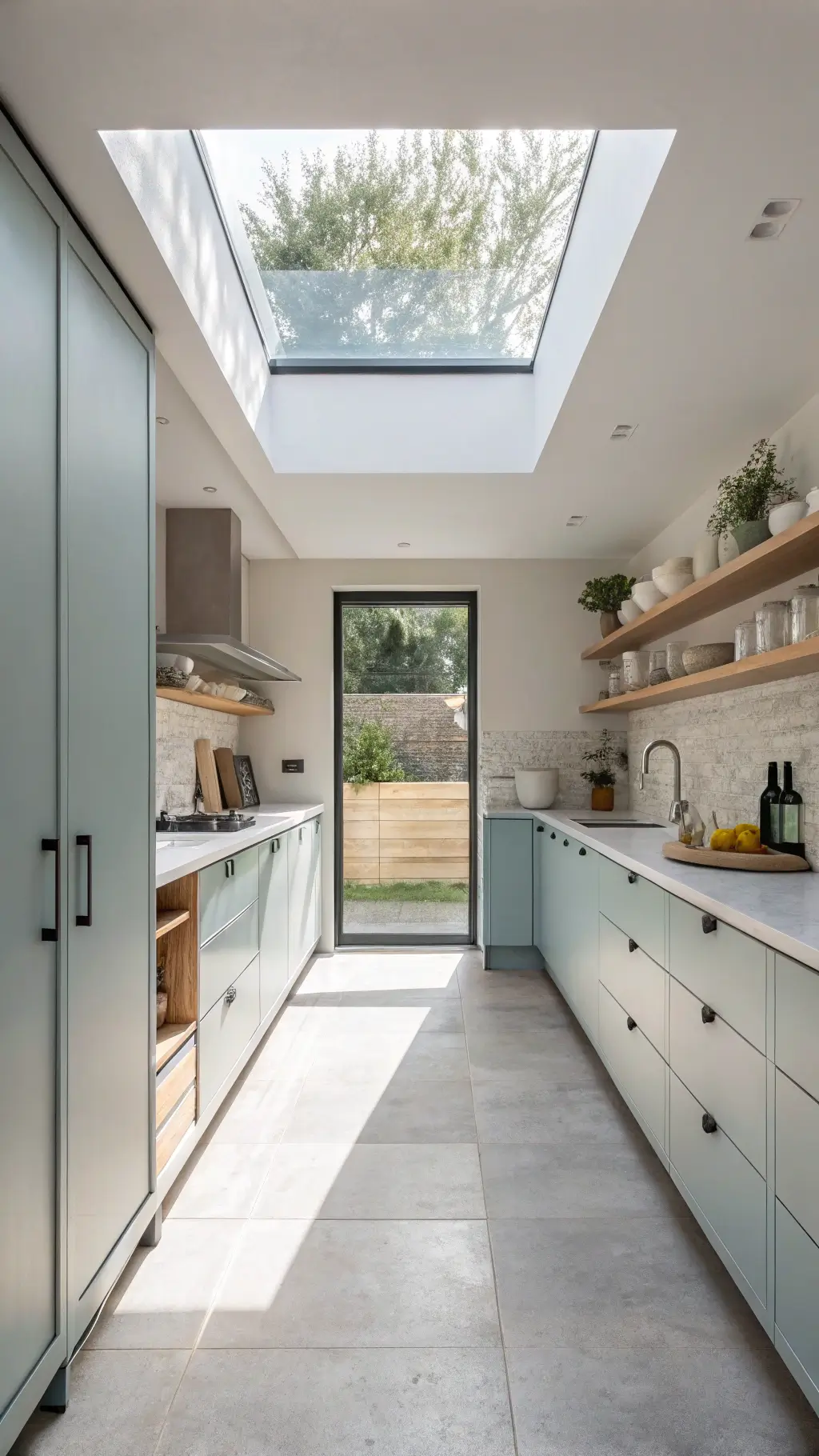 Scandinavian modern kitchen with ice blue flat-panel cabinets, concrete counters, white oak floating shelves, and skylight illuminating a serene, minimalist 11x14ft space.