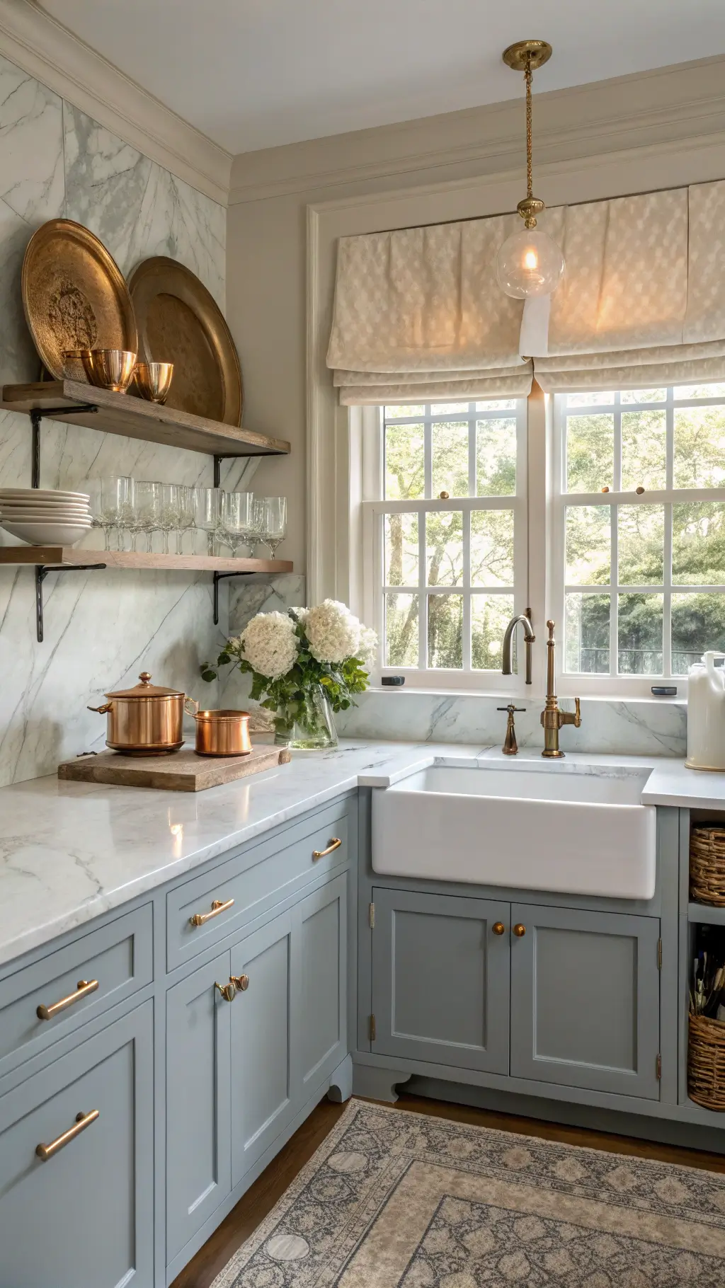 Transitional kitchen with dusty blue-gray cabinets, marble backsplash, copper cookware, and white farmhouse sink lit by golden hour sunlight.
