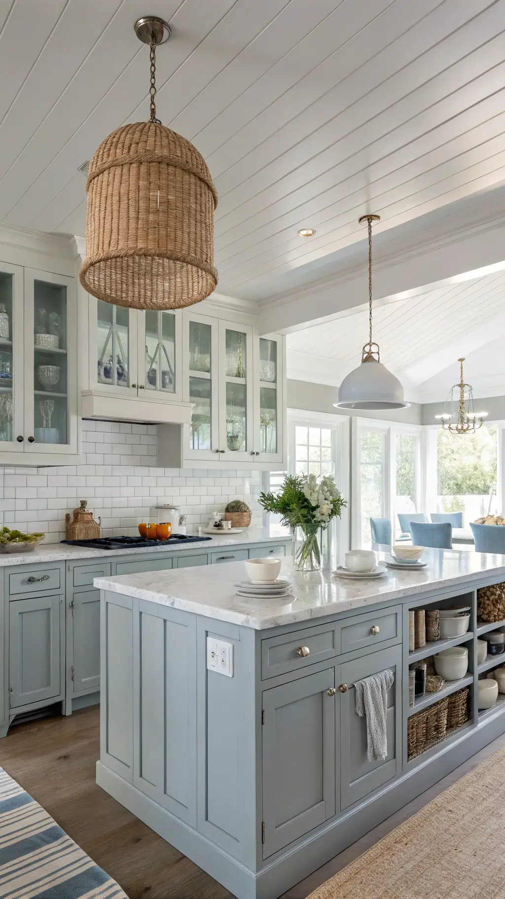 Coastal kitchen with pale blue-gray cabinets, marble island, rattan pendants, and soft afternoon light filtering through plantation shutters.