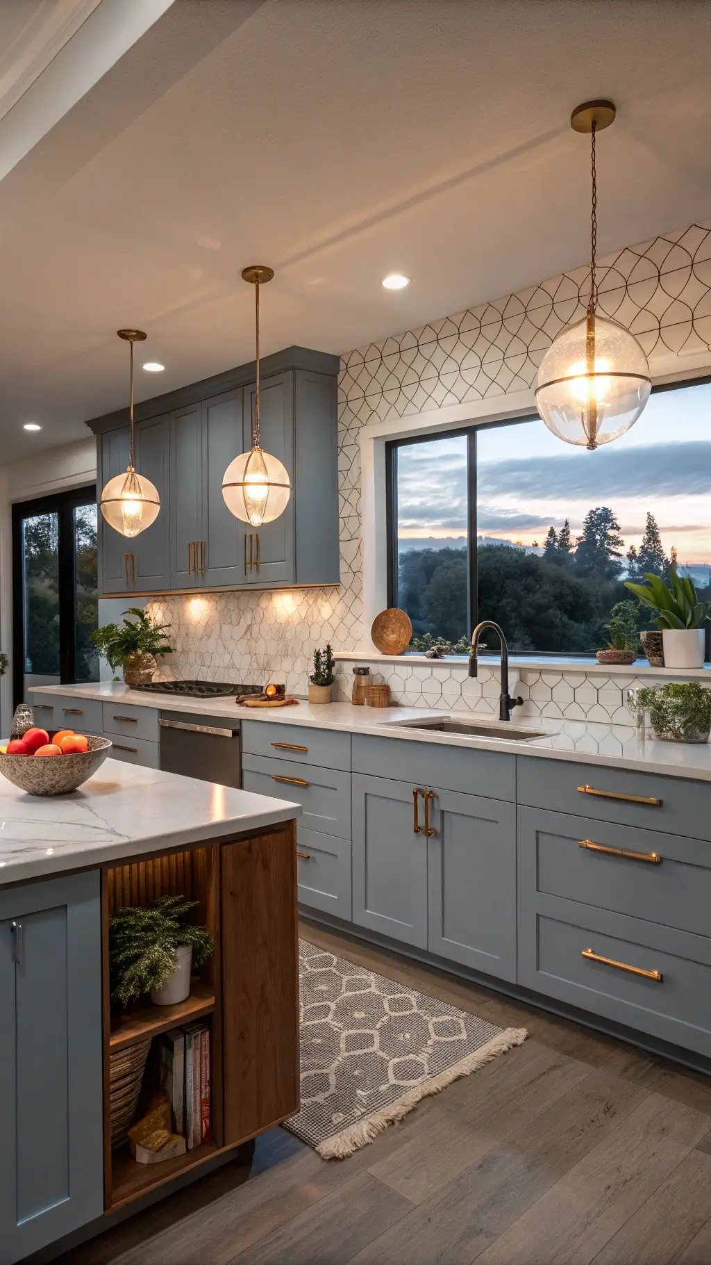 Mid-century modern kitchen with blue-gray cabinets, walnut accents, brass pulls, terrazzo counters, geometric tile wall, globe pendant lights, vintage bar cart, modernist fruit bowl, and architectural plants, viewed from a low angle at twilight.