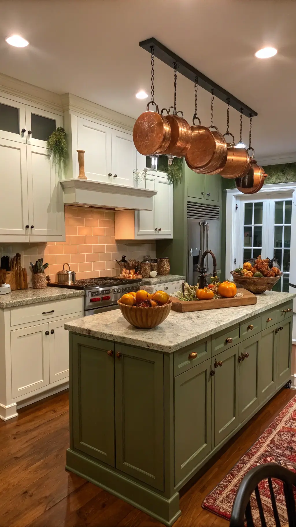 Cozy autumn kitchen with sage green lower cabinets, white uppers, copper pots, butcher block island with gourds, and warm golden hour lighting.