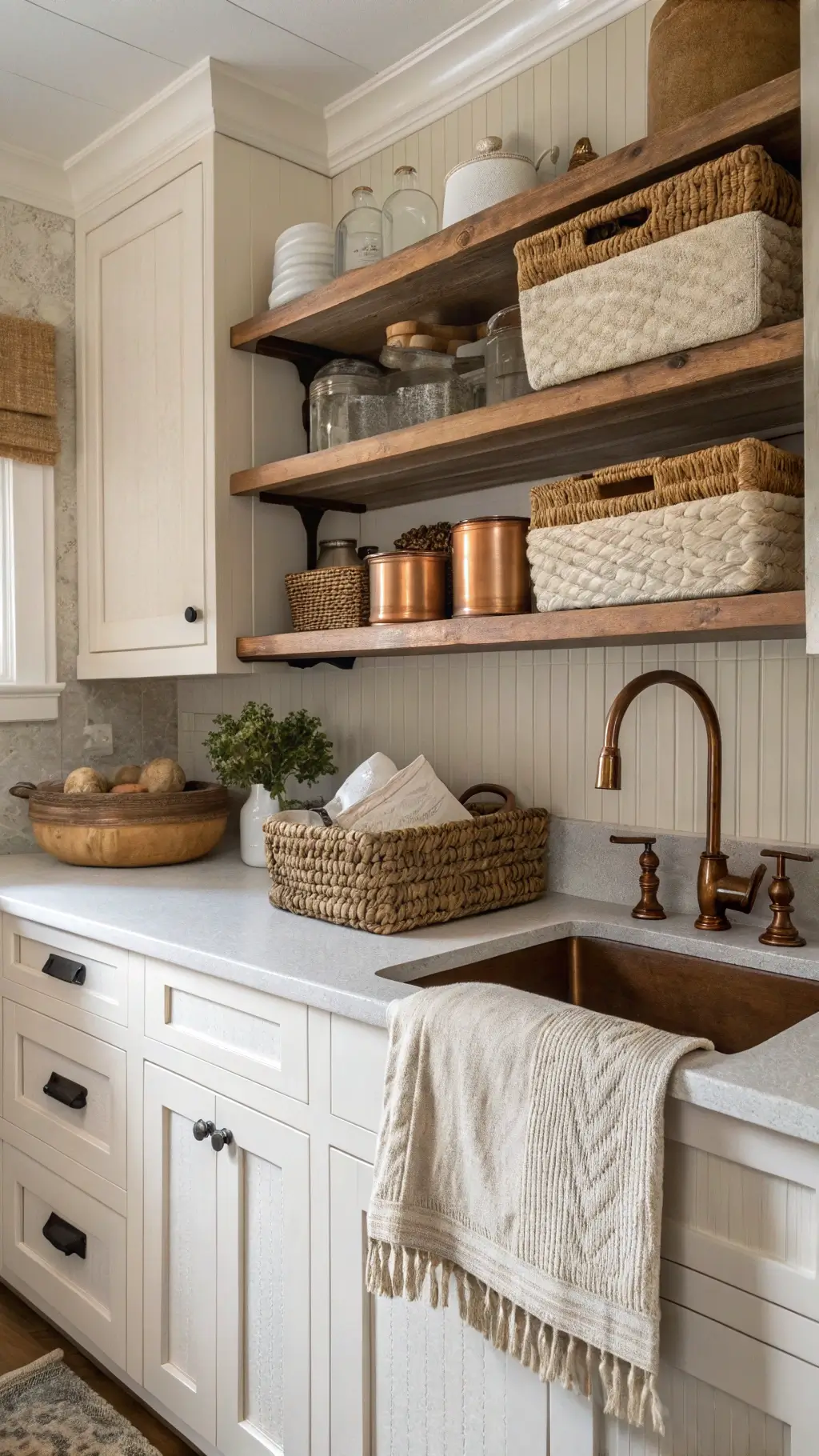 Beadboard cabinets, rough-hewn shelves, woven baskets, and hammered copper sink in textured neutral kitchen, shot from above in morning light.