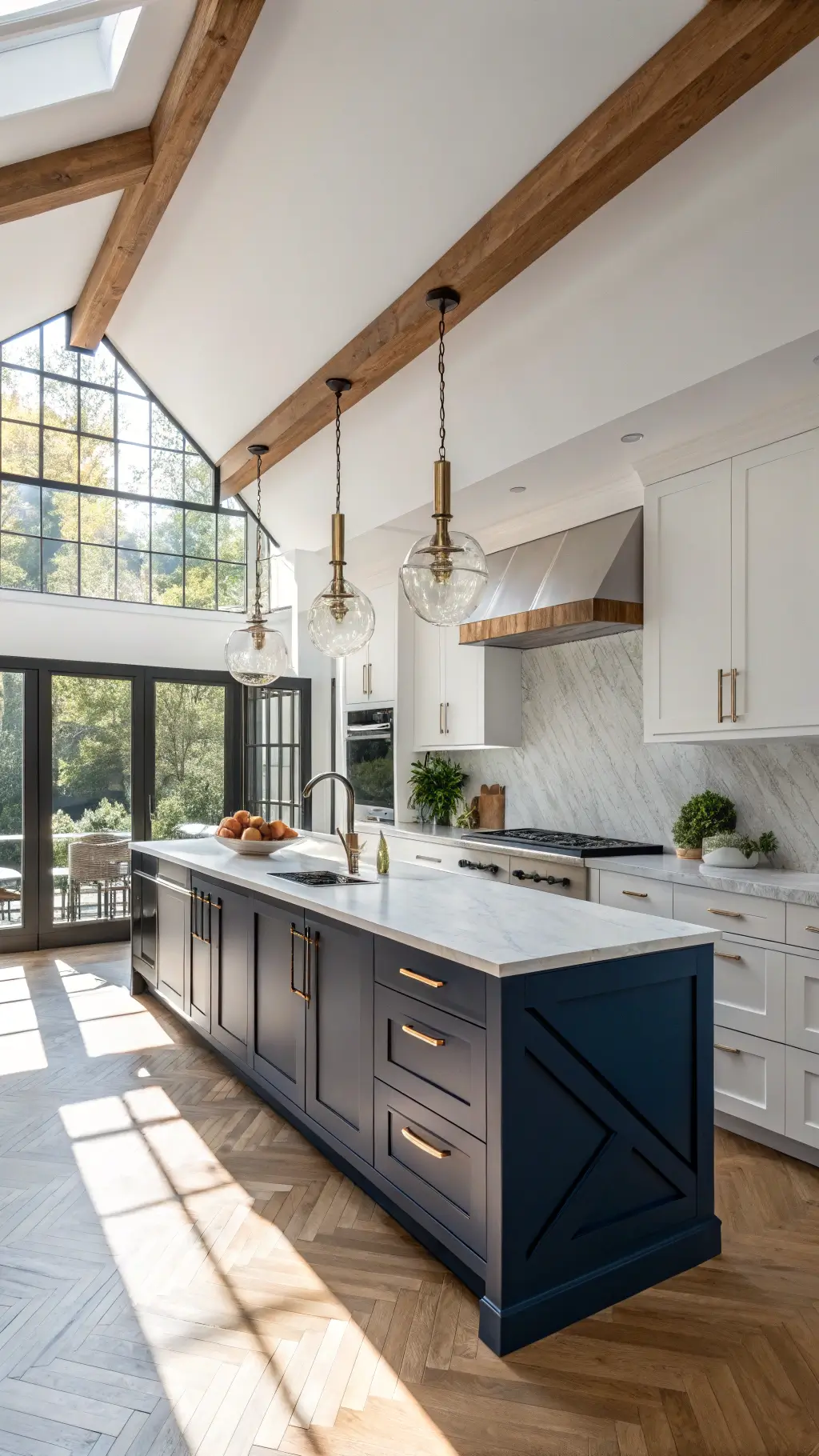 Bright open-concept kitchen with navy shaker cabinets, brass hardware, marble countertops, exposed wood beams, and sunlight streaming onto herringbone floors.