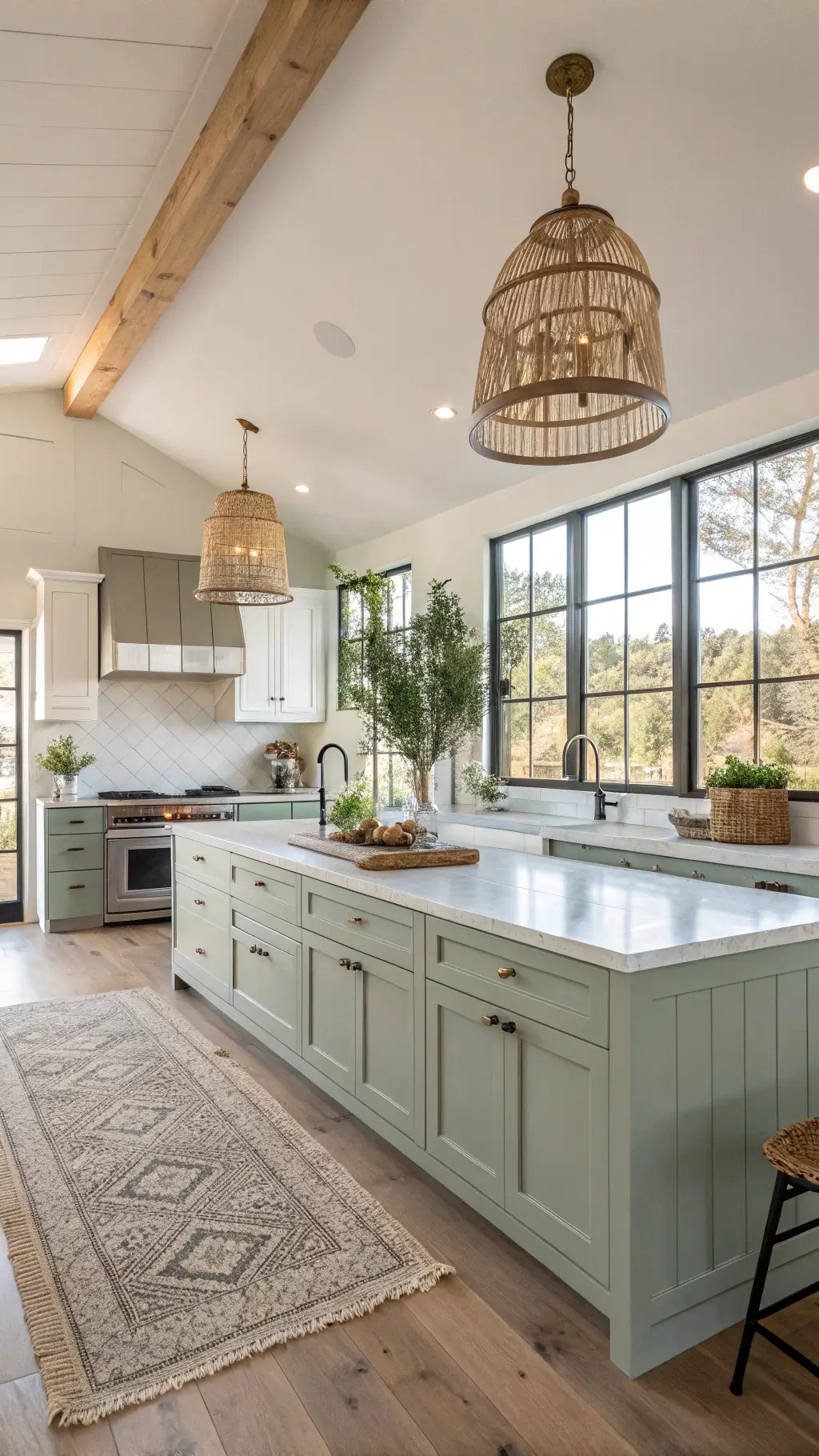 Modern farmhouse kitchen at golden hour with sage and white cabinets, large soapstone island, brass range hood, and pastoral views through oversized windows.