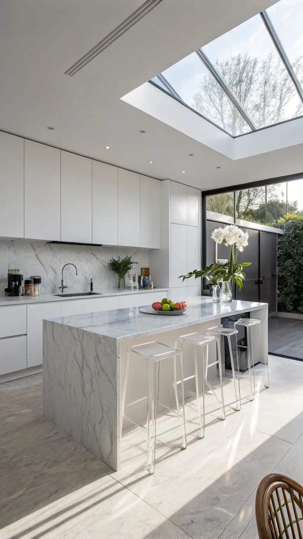 Minimalist kitchen with white floor-to-ceiling cabinets, Calacatta marble island, ghost stools, and natural skylight shadows.