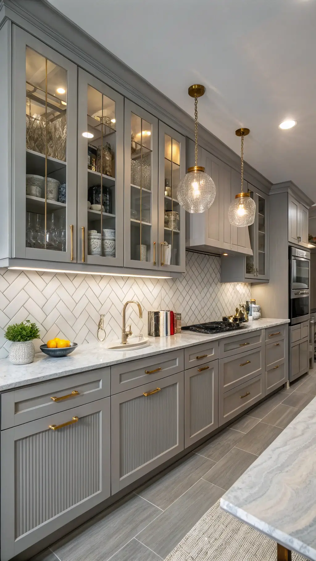 Contemporary kitchen at blue hour with soft gray grooved cabinets, mixed metal hardware, concrete countertops, glass pendant lights, open shelving, and grasscloth wallpaper.