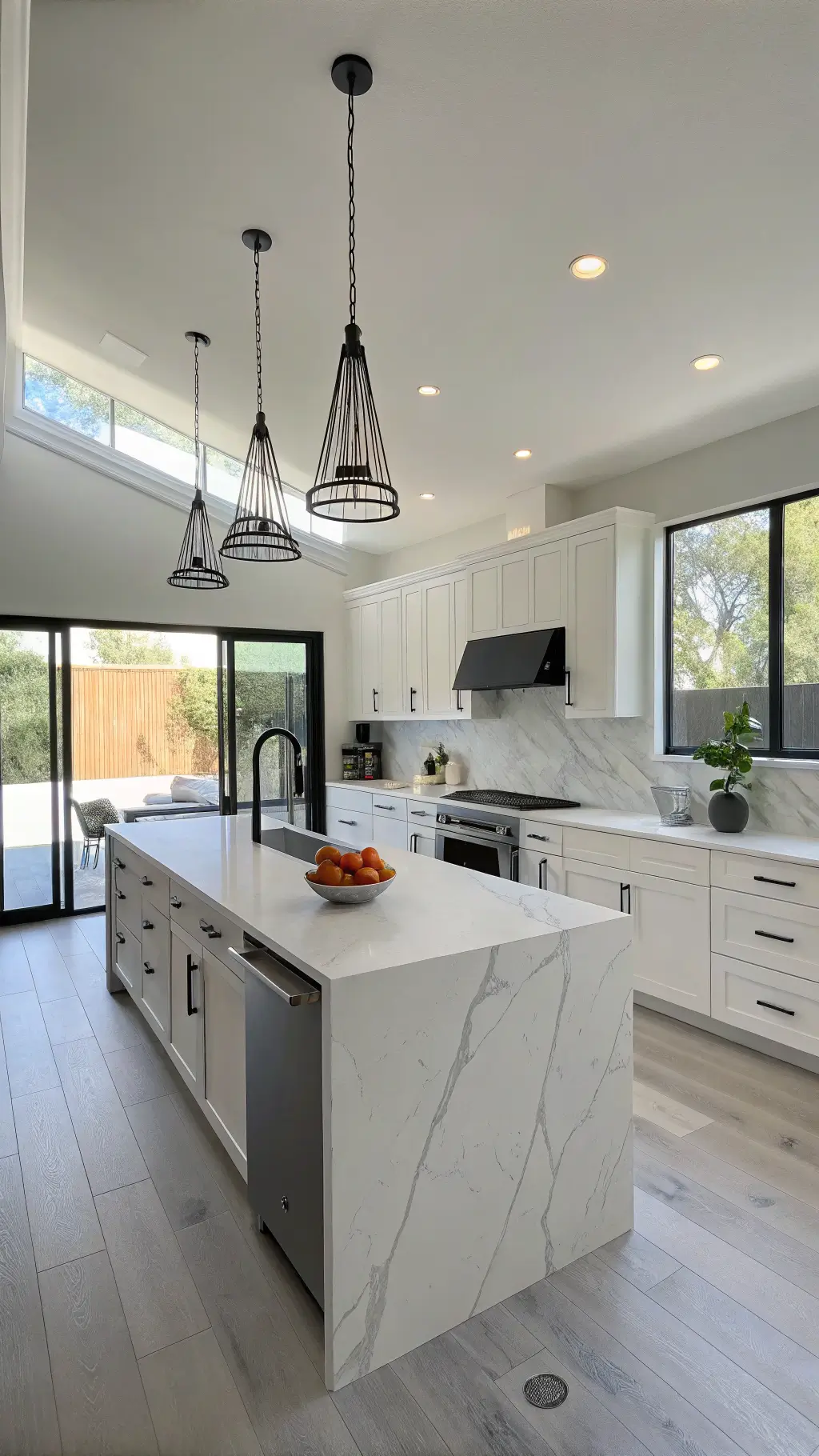 Modern minimalist kitchen with white shaker cabinets, marble waterfall island, and stainless appliances, bathed in diffused natural light from floor-to-ceiling windows.