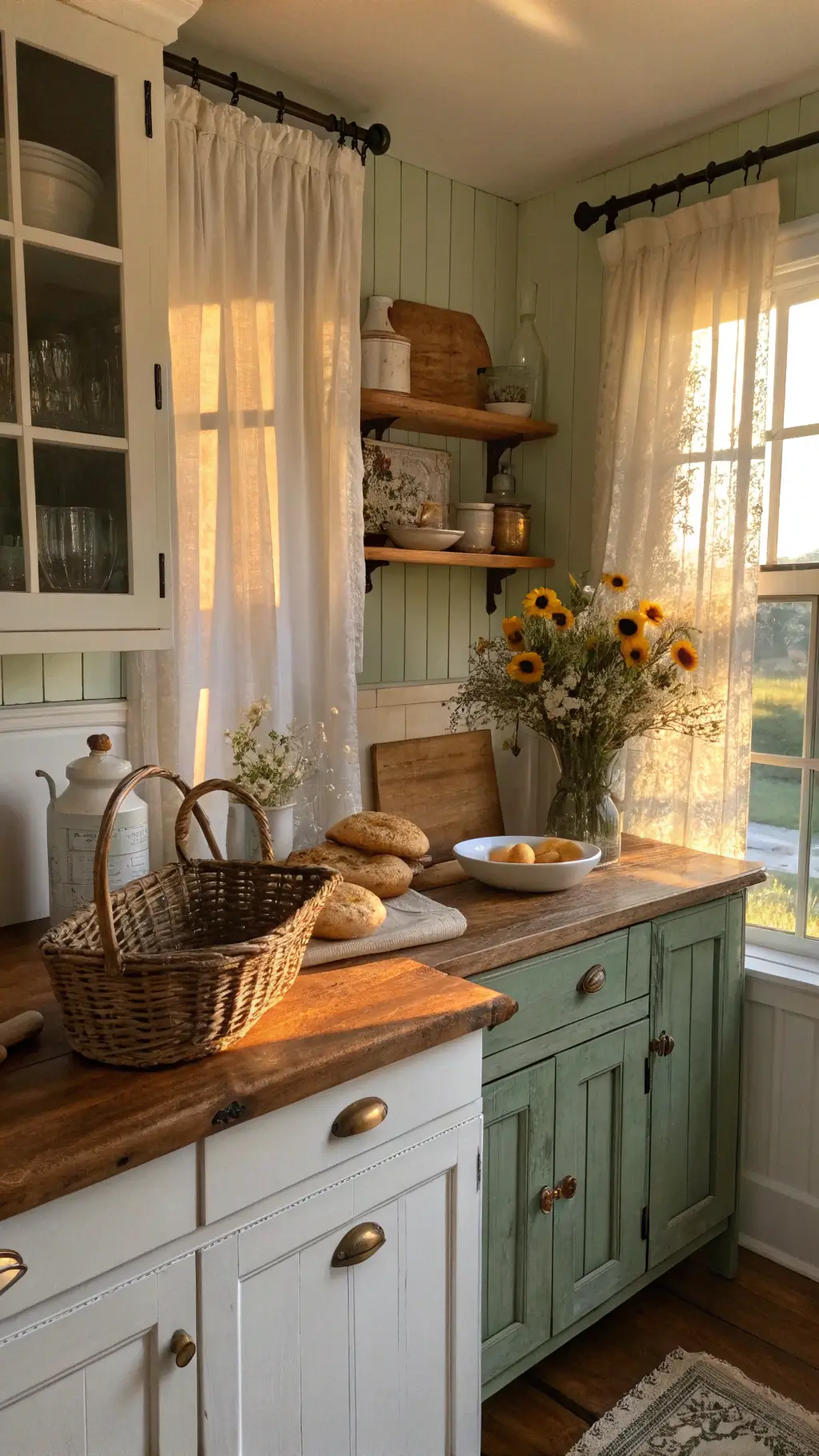 Cozy farmhouse kitchen at sunrise with golden light on white beadboard cabinets, distressed wood island, and open shelves displaying pottery.