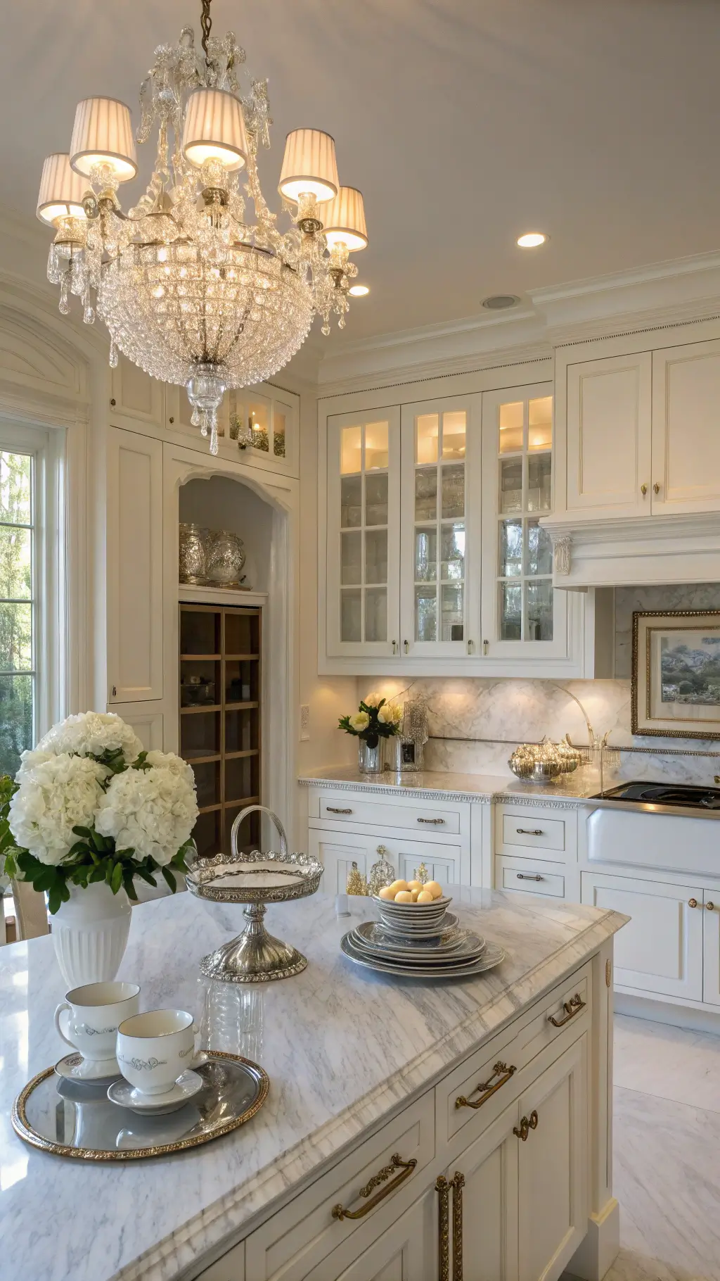 Low-angle view of an elegant formal kitchen with white raised-panel cabinets, Carrara marble counters, crystal chandelier, and classic silver-toned decor in afternoon golden light.