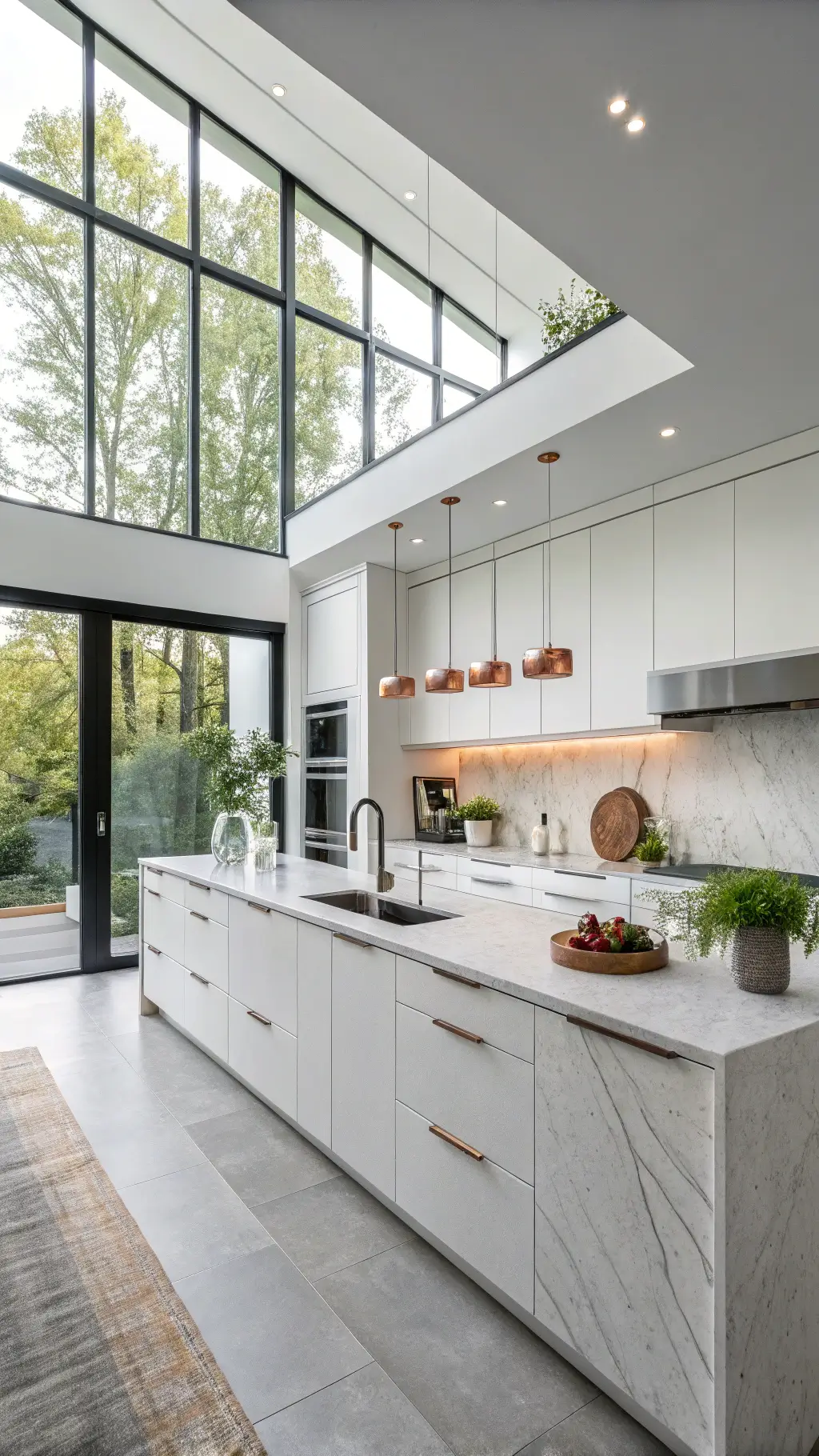 Bright contemporary open-concept kitchen with white cabinets, concrete waterfall island, and natural light from floor-to-ceiling windows.