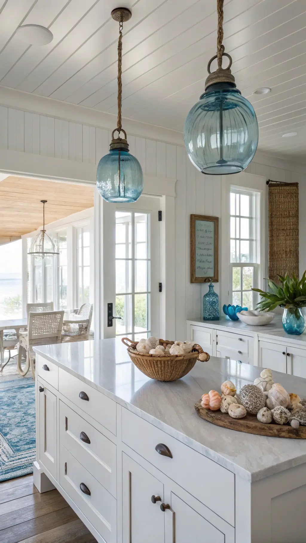 Coastal-style kitchen with white shiplap cabinets, blue glass pendants, and quartz island decorated with driftwood and sea glass, bathed in natural mid-morning light.