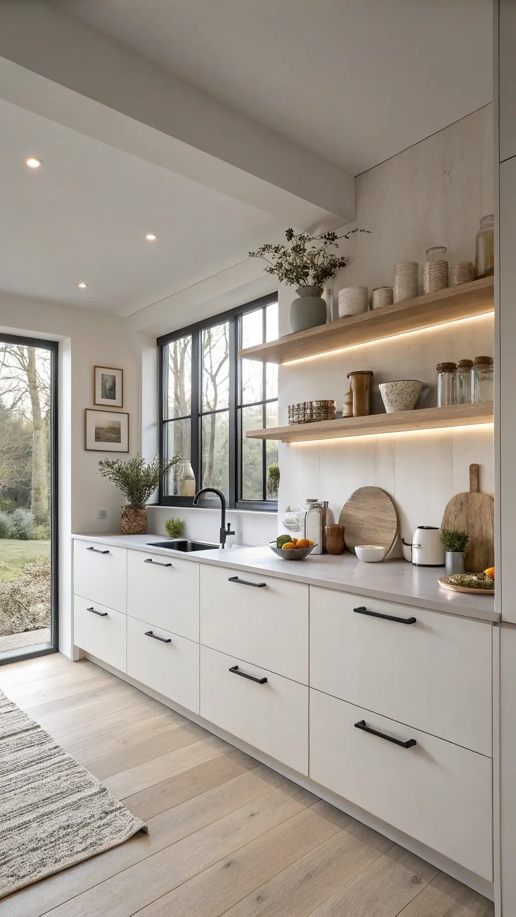 Minimal Scandinavian kitchen at dawn with white handleless cabinets, pale wood shelves, and soft natural light.