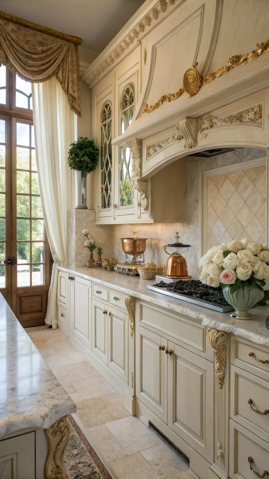 French Provincial kitchen with antiqued white cabinets, marble counters, copper cookware, and soft afternoon light through toile café curtains.