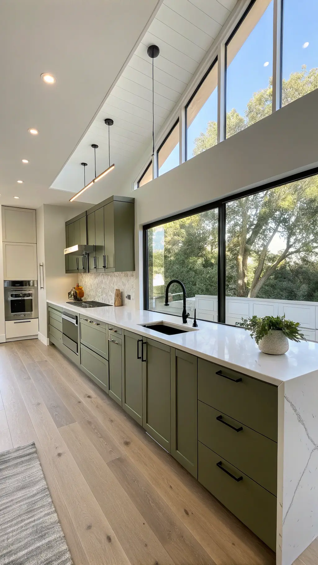 Modern minimalist olive green kitchen with flat-panel cabinets, white quartz countertops, white oak floors, and matte black fixtures, sunlit through large window at golden hour.