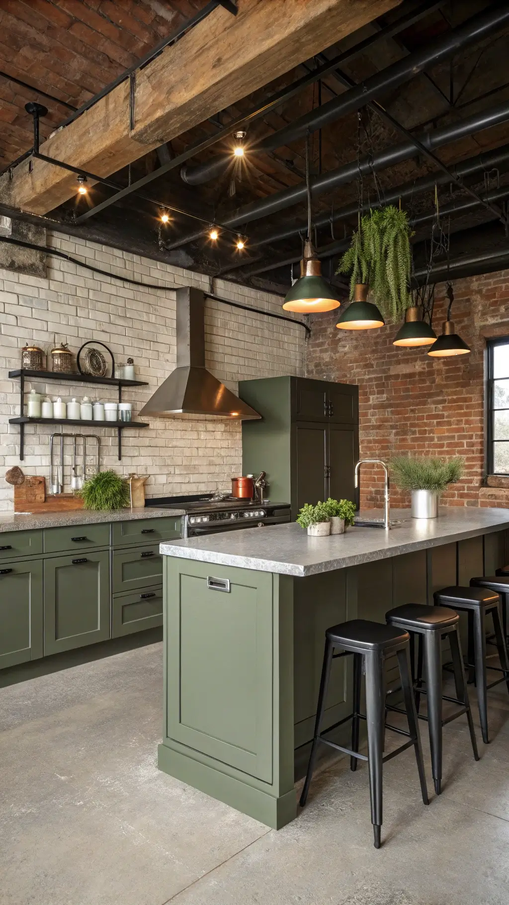 Industrial chic kitchen with olive green cabinets, concrete countertops, exposed brick wall, steel beams, and vintage pendant lighting.
