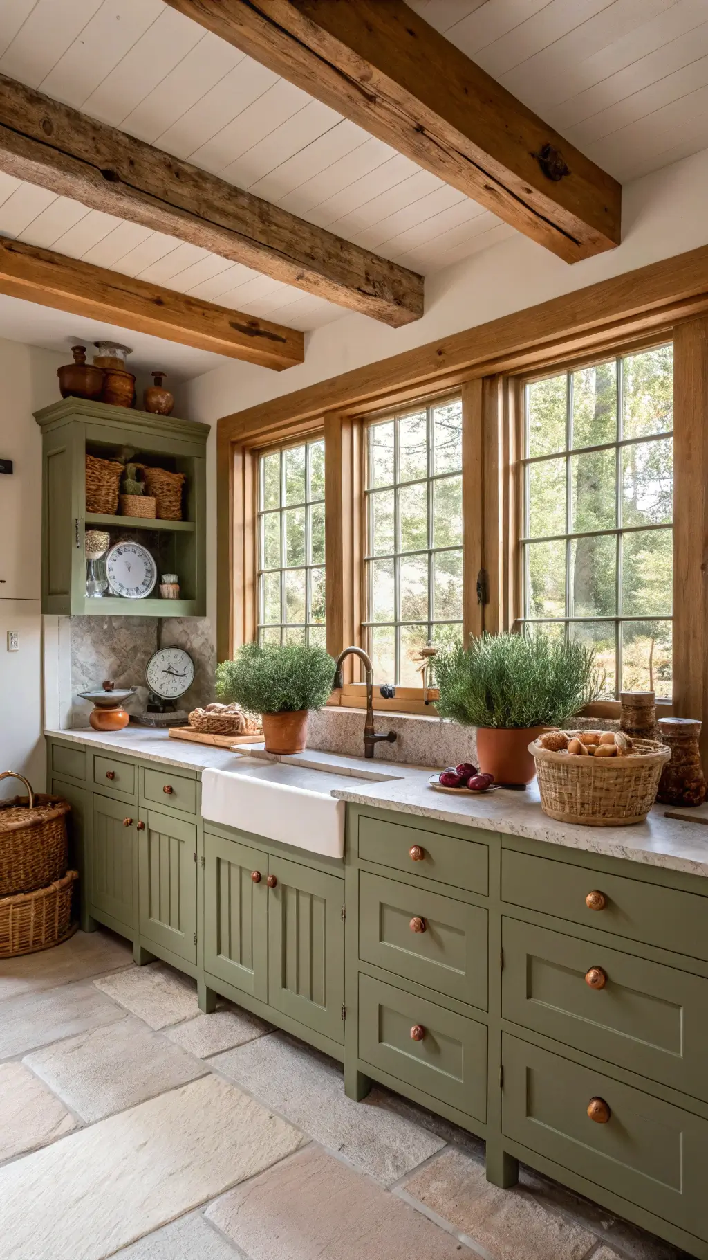 Country kitchen with olive green beadboard cabinets, butcher block island, and rustic ceiling beams in morning light.