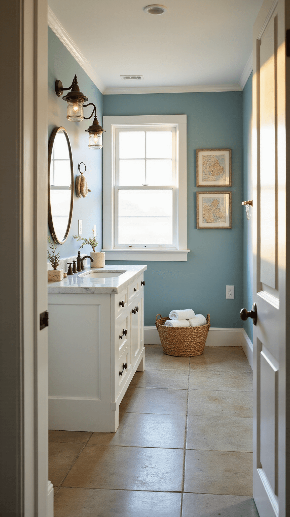 Coastal bathroom with ocean blue walls, white marble vanity, bronze lantern sconces, and nautical decor lit by golden hour sunlight.