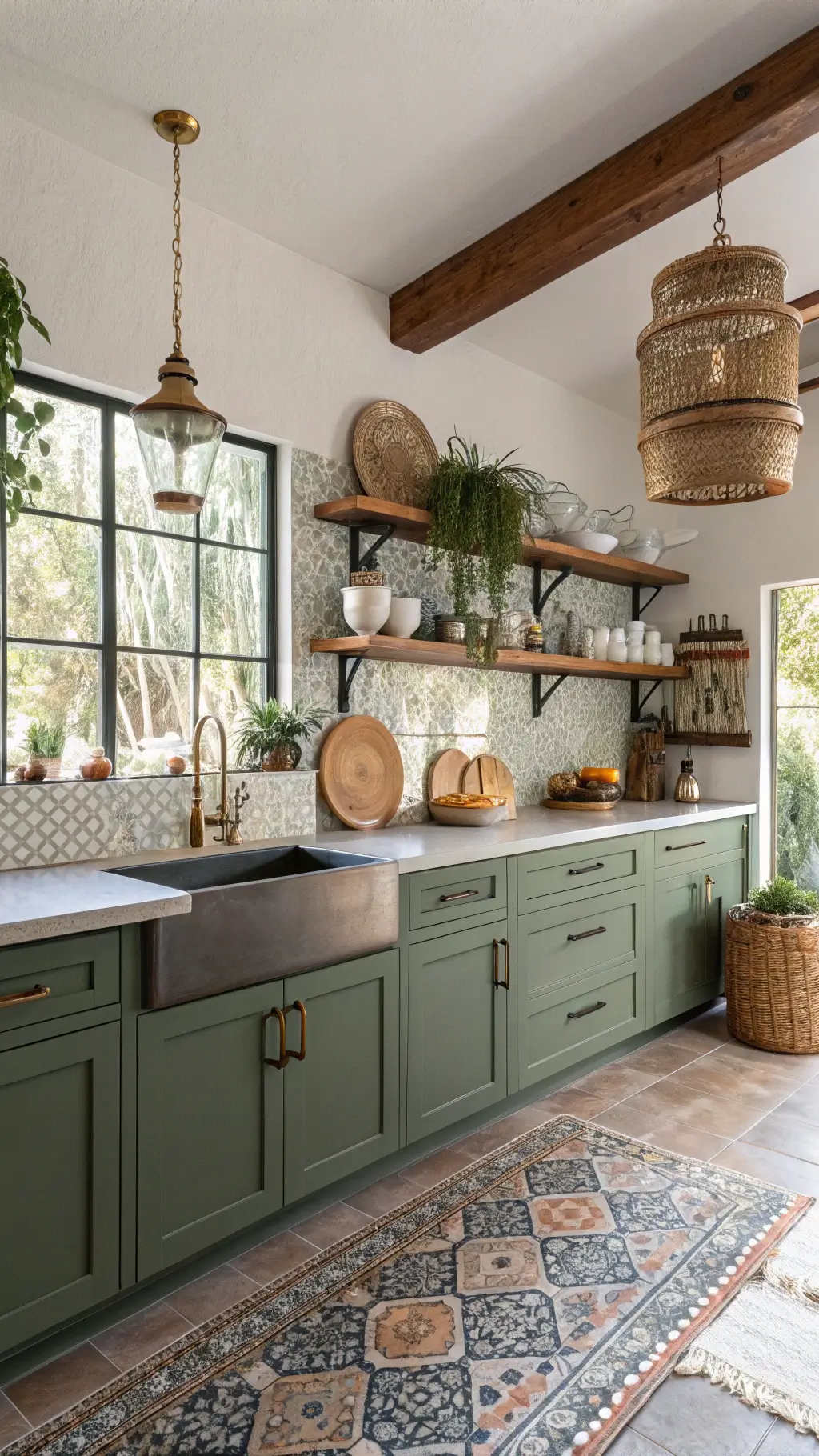 Eclectic bohemian kitchen with olive cabinets, Moroccan tile backsplash, rattan pendant lights, and vintage global decor.