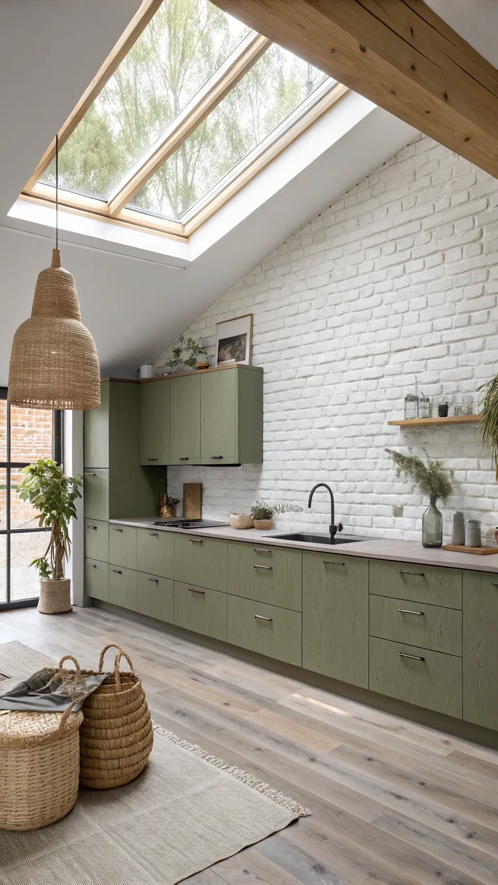 Minimalist 12x14ft kitchen with olive flat-panel cabinets, pale ash wood accents, white brick wall, skylight lighting, and Scandinavian-style decor.