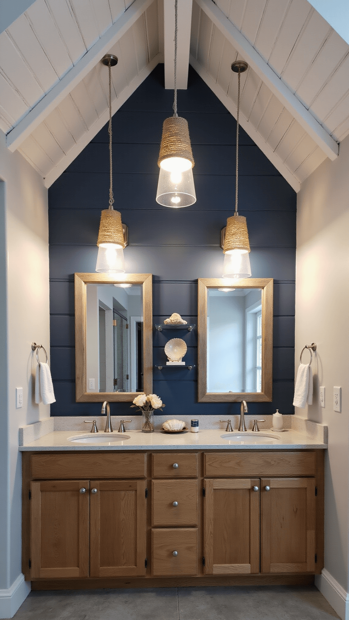 Low-angle view of a vaulted master bathroom with white exposed beams, pendant lights over a double vanity, navy blue shiplap wall, weathered oak cabinets, and seashells on glass shelves.
