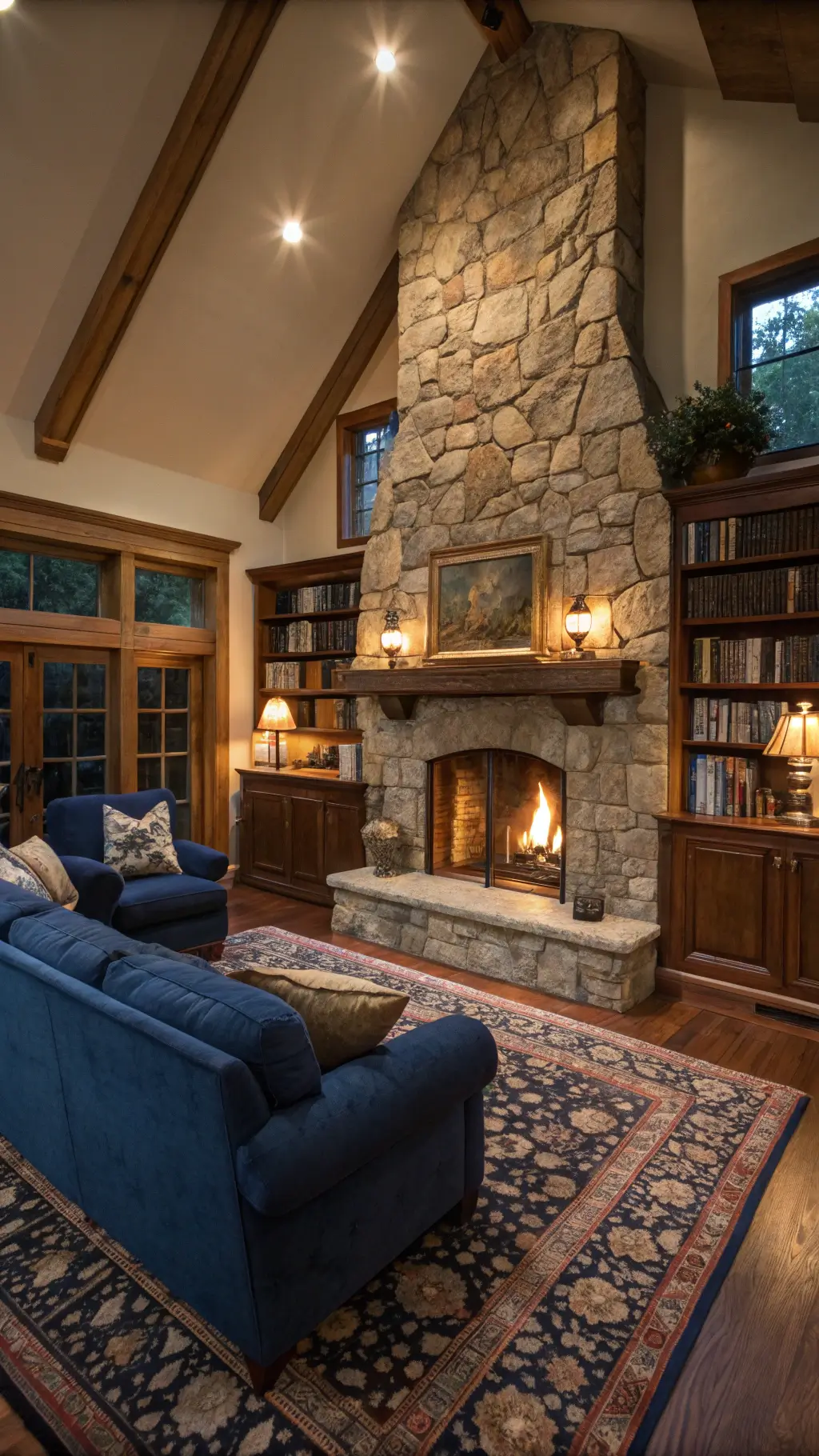 Cozy traditional living room with floor-to-ceiling stone fireplace, glowing fire, blue velvet sofas, Persian rug, and built-in oak bookshelves at dusk.