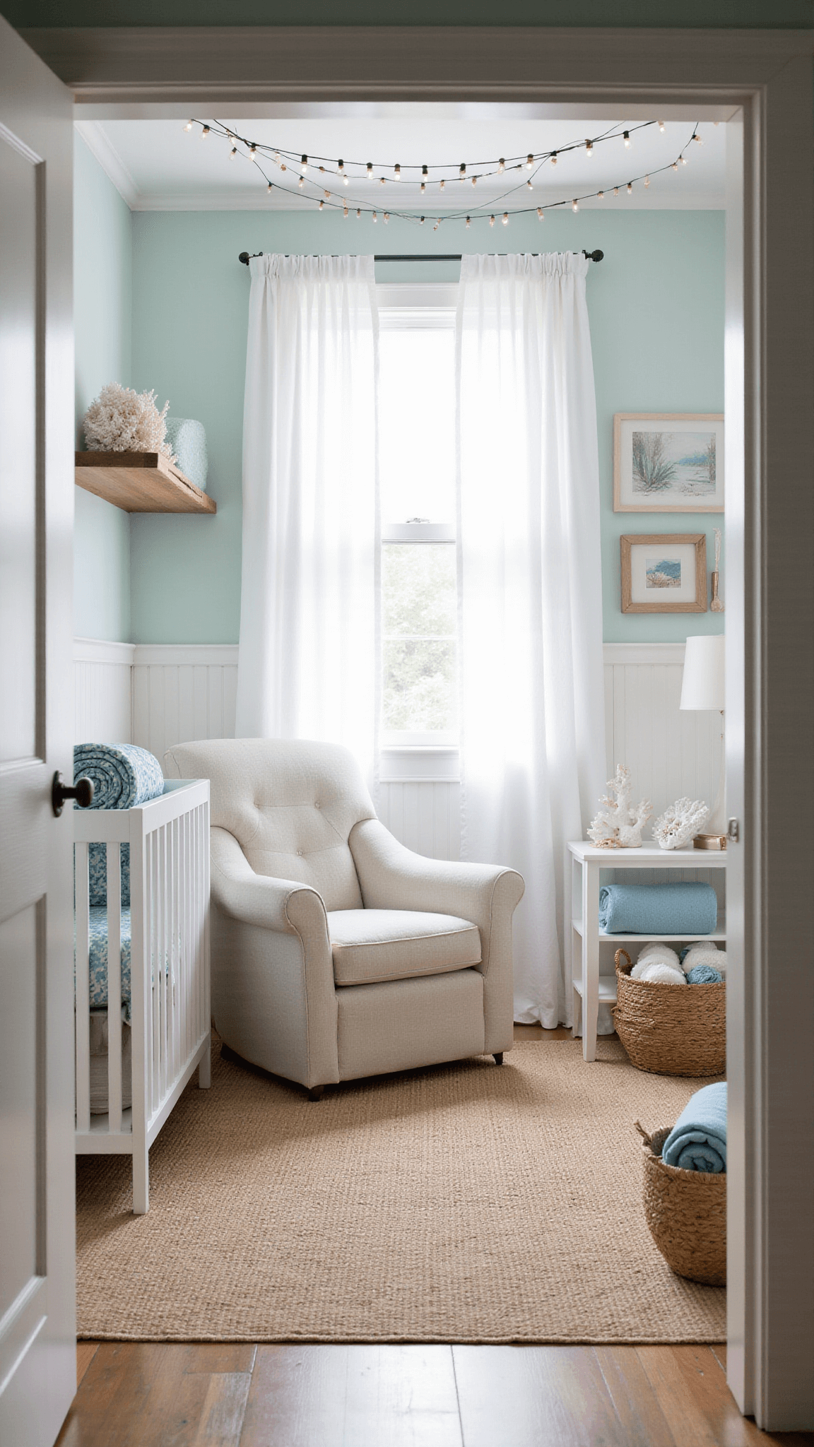 Coastal-themed nursery with seafoam crib, jute rug, oatmeal glider, and white coral decor in soft morning light.