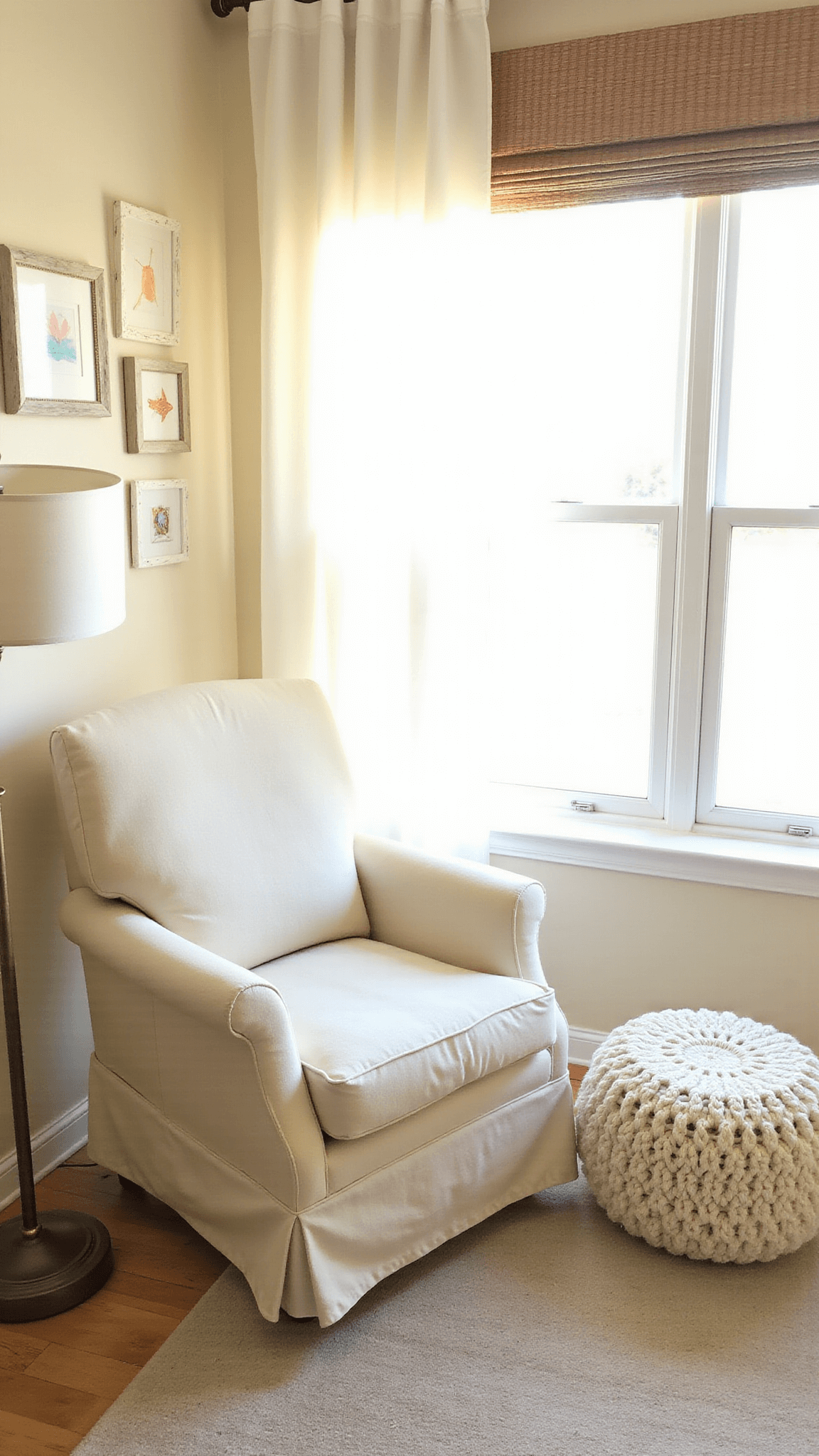 Nursery reading nook with cream glider, gauzy curtains, and warm golden hour light filtered through window.