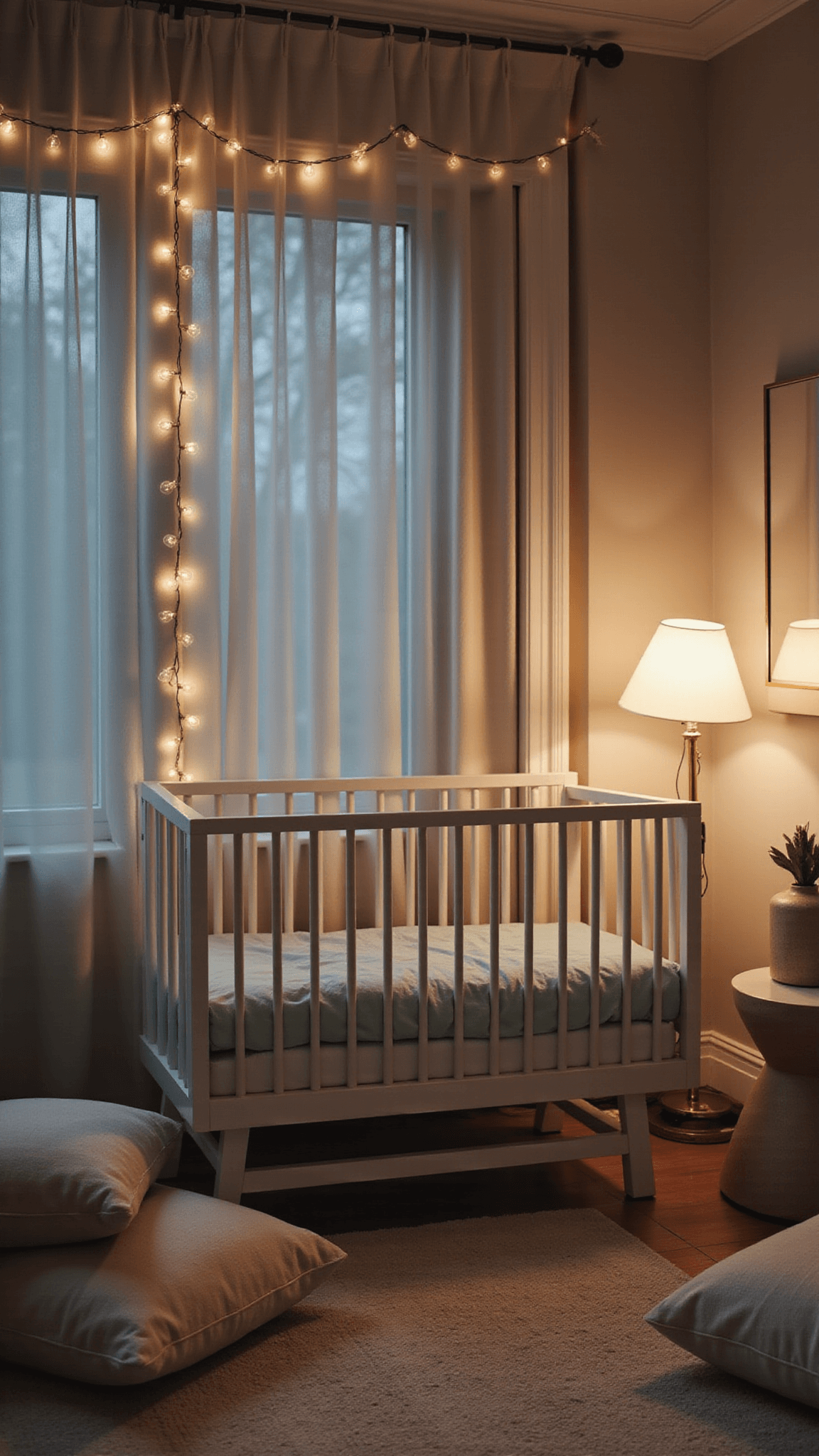 Twilight nursery with ambient lighting, string lights behind sheer curtains, ceramic lamp glowing, white crib with aqua bedding, linen floor cushions, and brass mirror reflecting soft light.