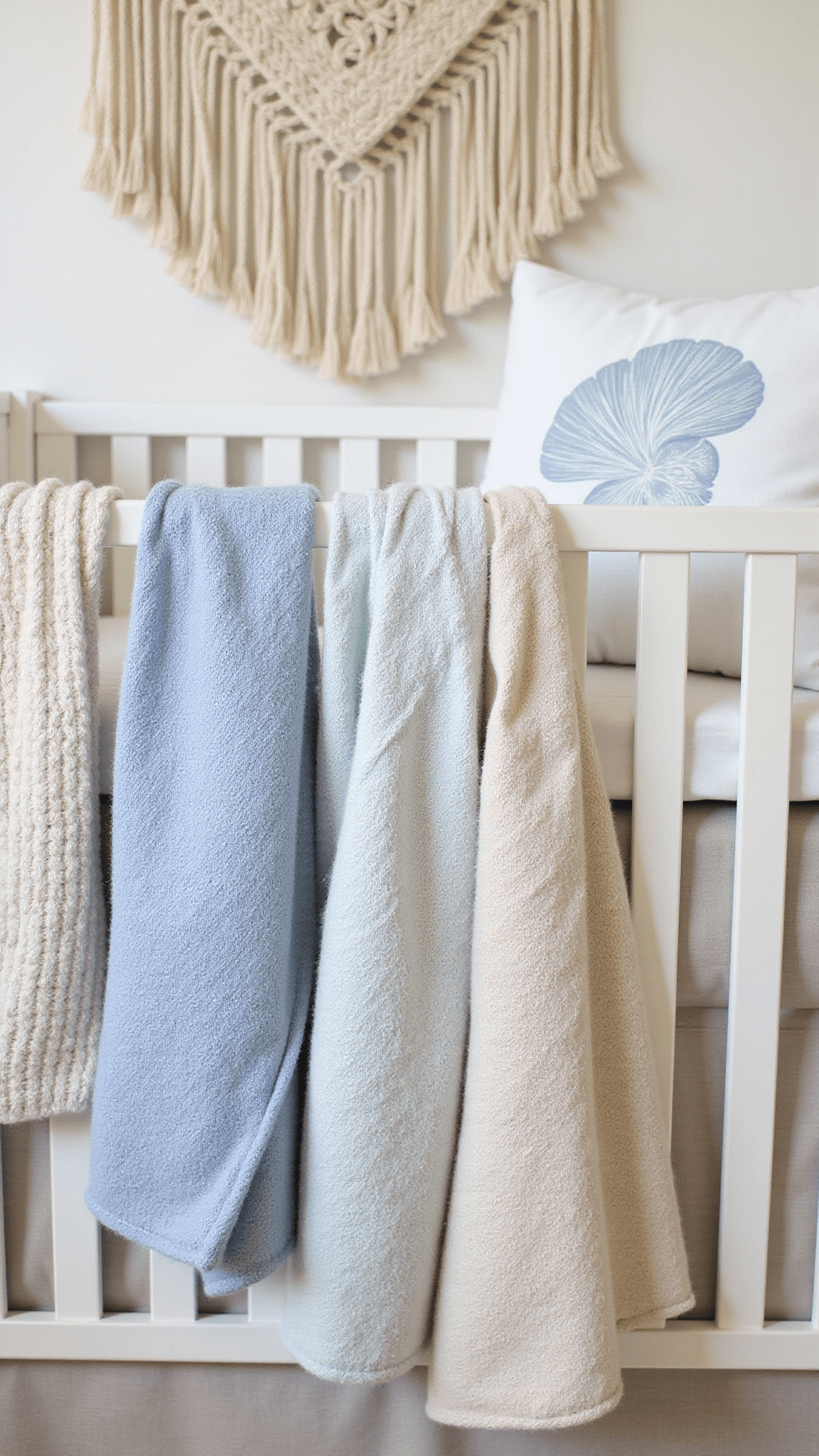 Layered coastal nursery textiles with linen crib skirt, pale blue knit blanket, shell-patterned pillow, draped swaddles, and macramé wall hanging in soft afternoon light.