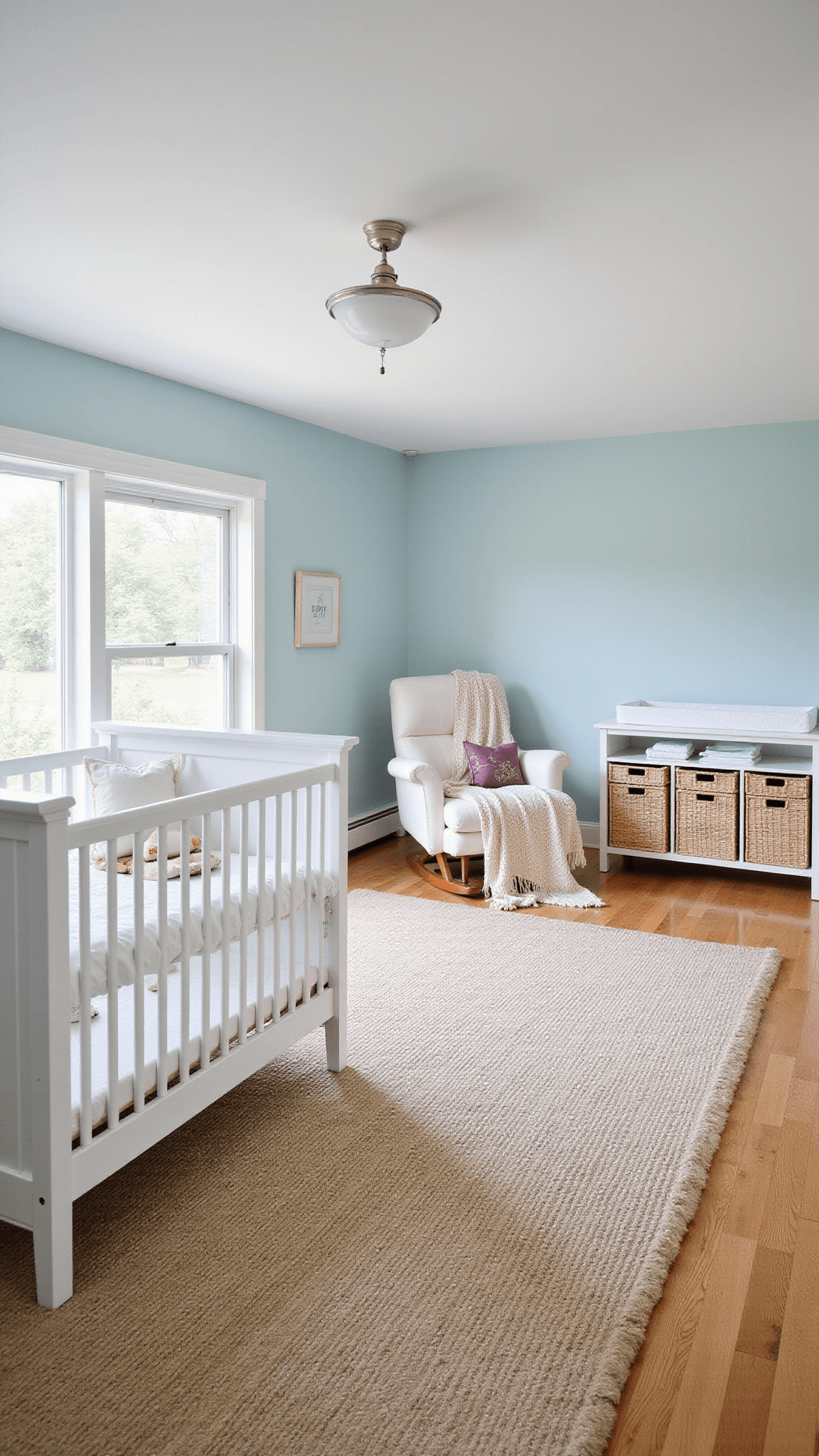 Elevated wide shot of a 14x16ft nursery with soft blue walls, white furniture, and morning light highlighting crib, glider, changing station, and play area with natural fiber rug and woven storage.
