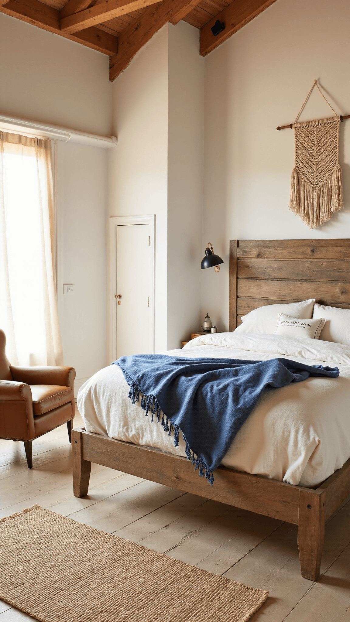 Sunlit vaulted bedroom with exposed beams, king bed with cream and denim bedding, jute rug on whitewashed floors, vintage leather chair, macramé wall hanging, and large gauzy-curtained window.