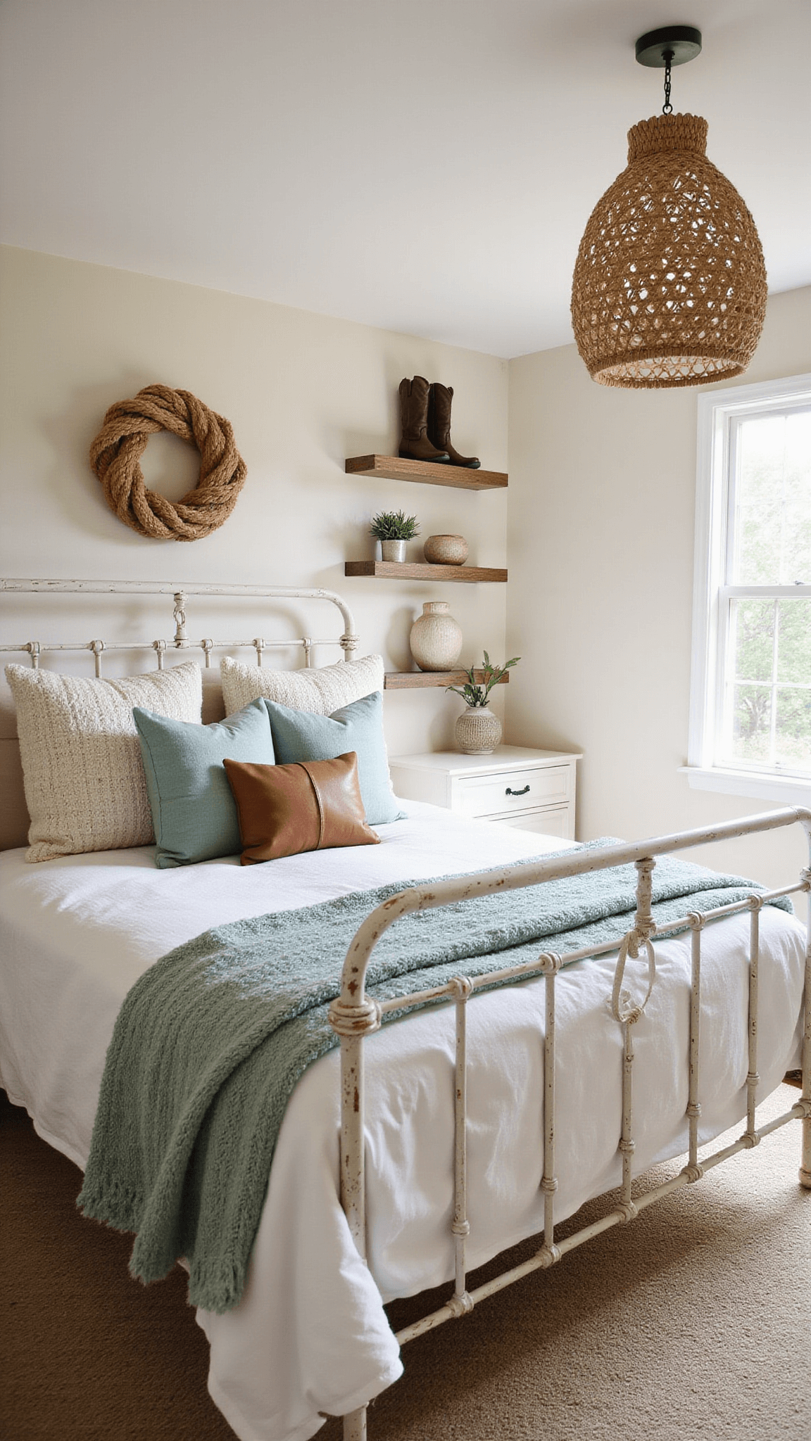 Coastal cowgirl bedroom with distressed white metal bed, chunky knit throws, leather pillows, cowboy boots on shelves, and nautical rope wall art in soft natural light.
