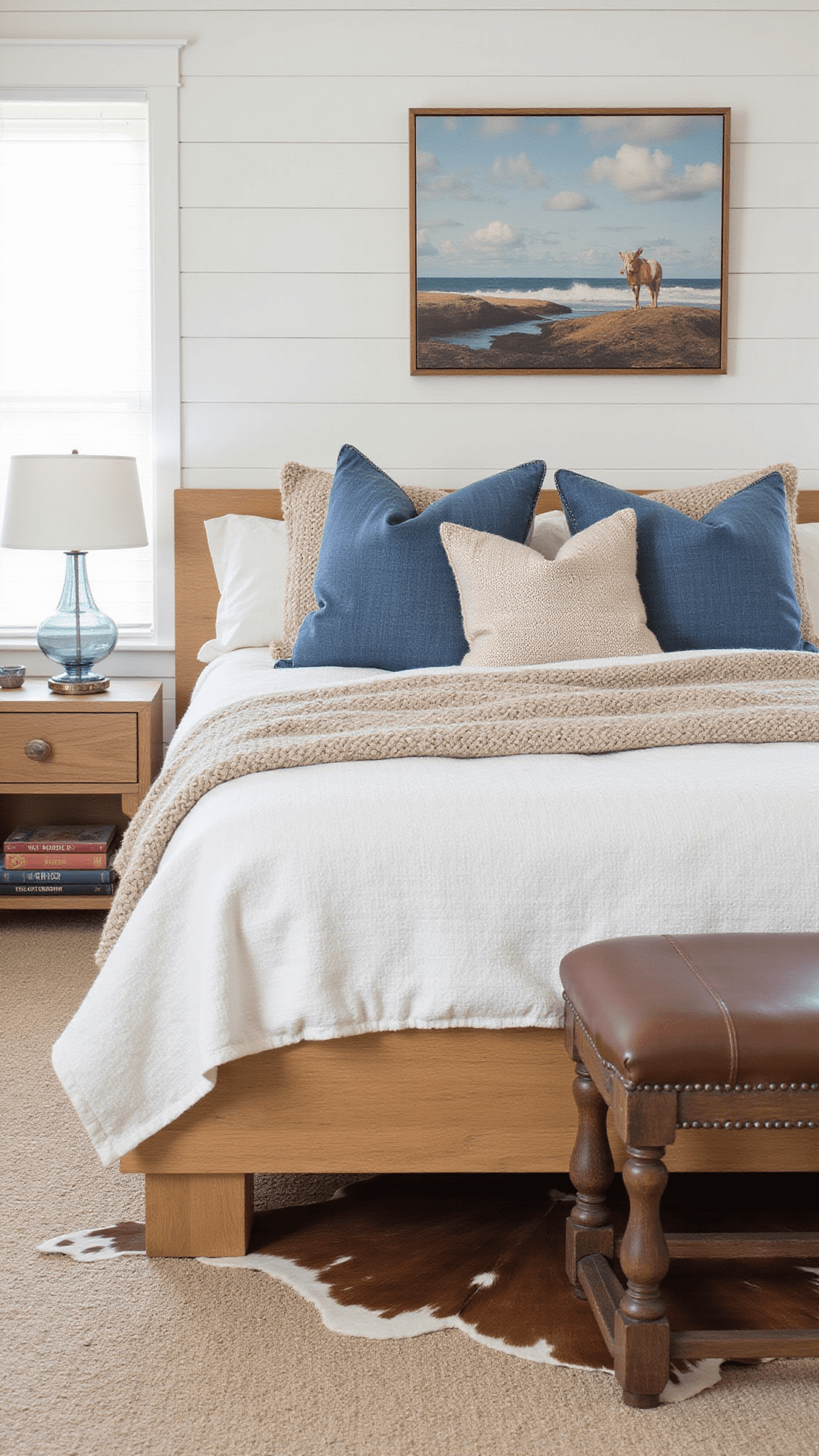 Low-angle view of sunlit master bedroom with oak platform bed, abstract beach and leather artwork, layered blue and neutral textiles, and cowhide rug over sisal carpet.