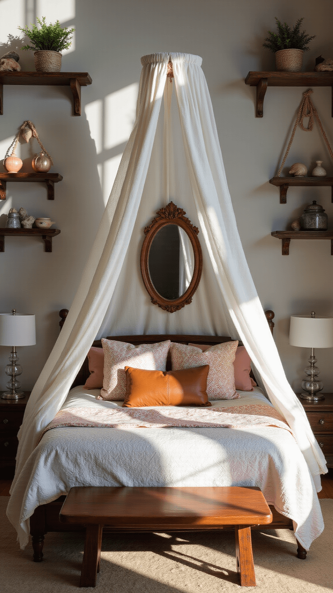 Bird's eye view of a 13x14ft bedroom with dramatic afternoon shadows, featuring a canopy bed with gauzy white fabric, vintage quilts, and leather bolsters; seashells and western artifacts on floating reclaimed wood shelves; a rope-wrapped mirror, macramé plant hangers, and decor in shell pink, driftwood gray, and deep tobacco brown.