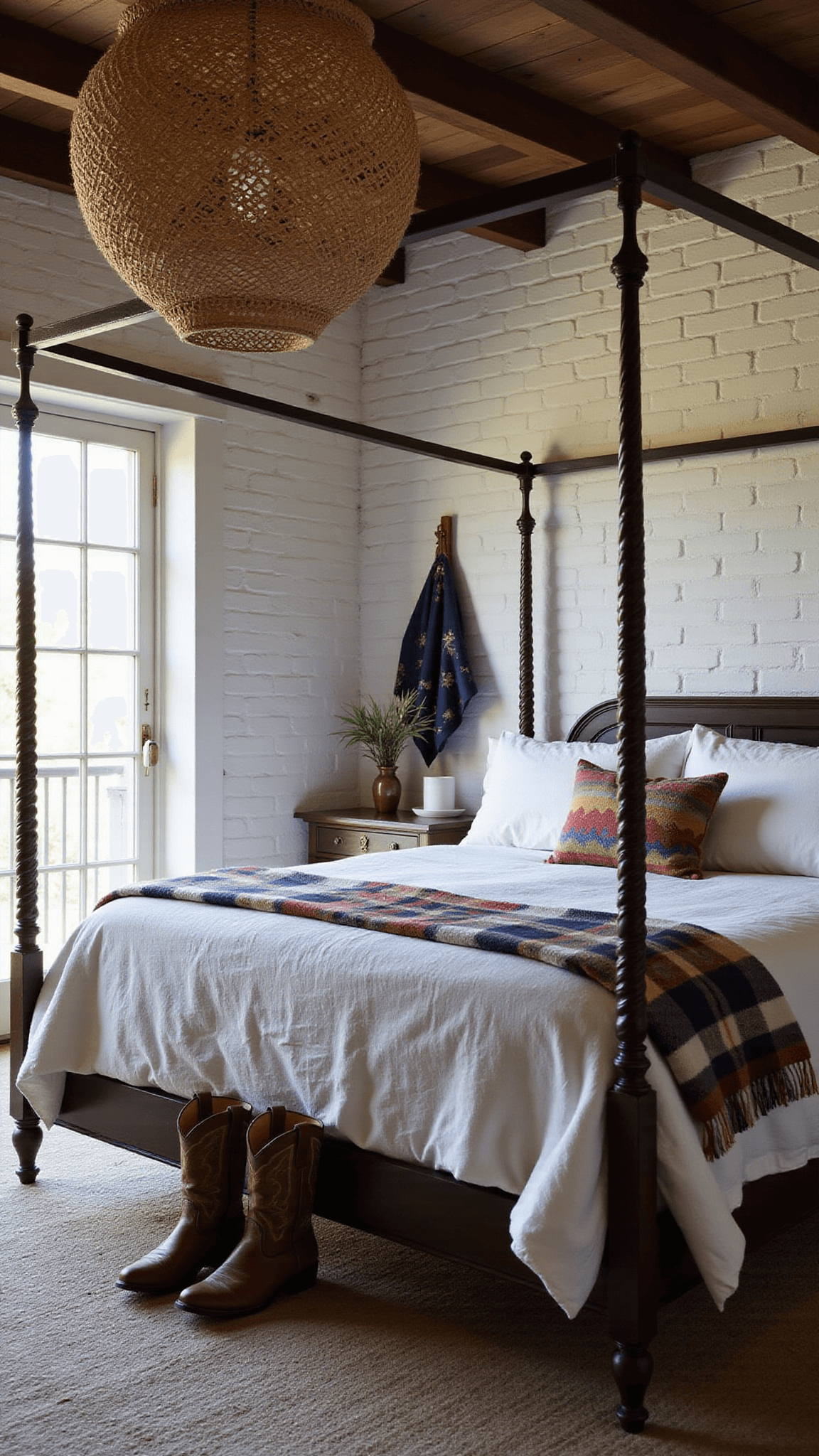 Twilight-lit bedroom with white-washed brick walls, dark wood ceiling beams, four-poster bed in rumpled linens and Pendleton blankets, woven chandelier casting patterns, French doors to balcony, cowboy boots and coastal decor accents in chalk white, indigo, rust, and sage tones.