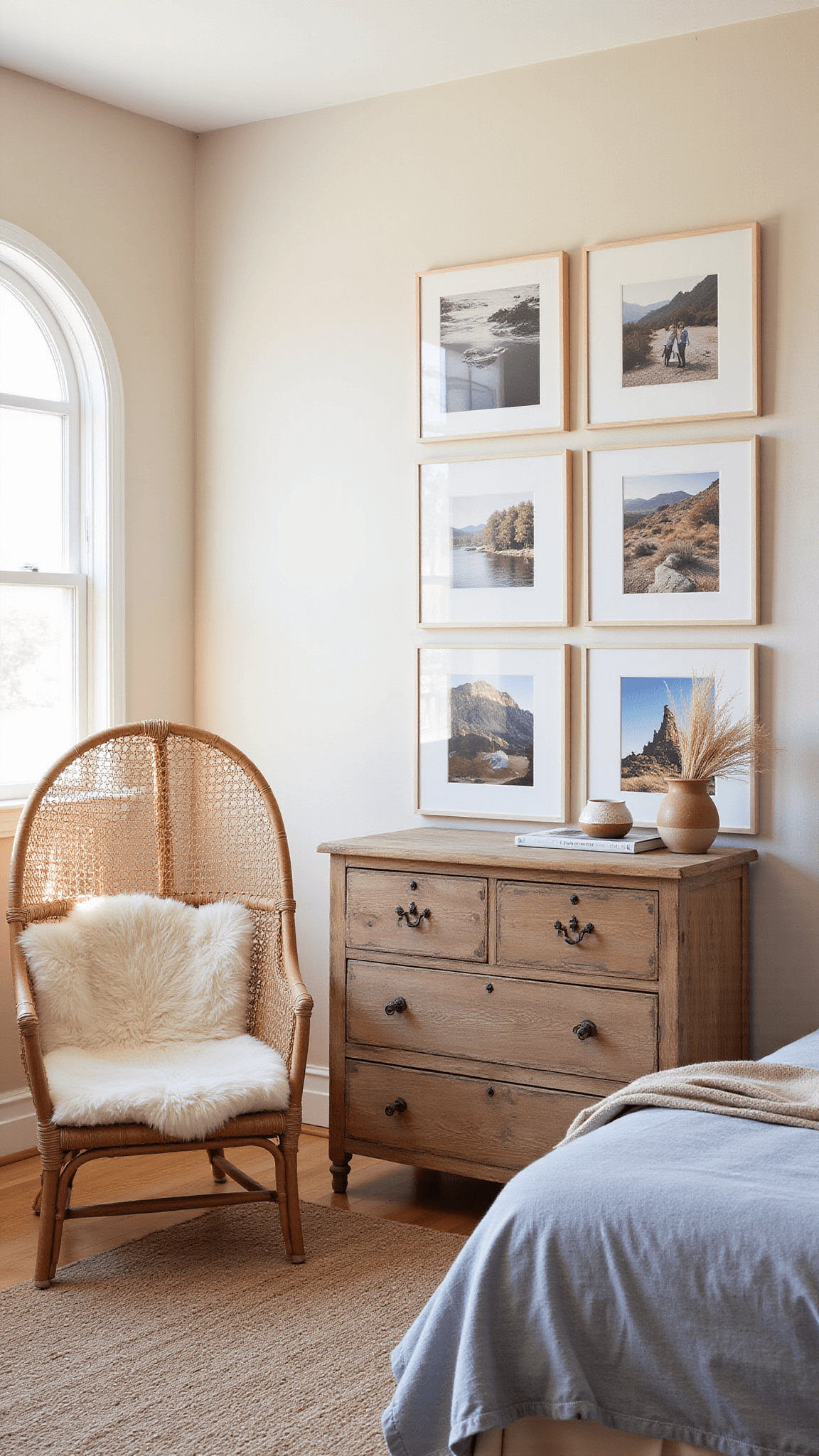 Cozy corner of a sunlit bedroom with hanging rattan chair, reclaimed wood dresser, layered rugs, and a gallery wall of surf and western art.