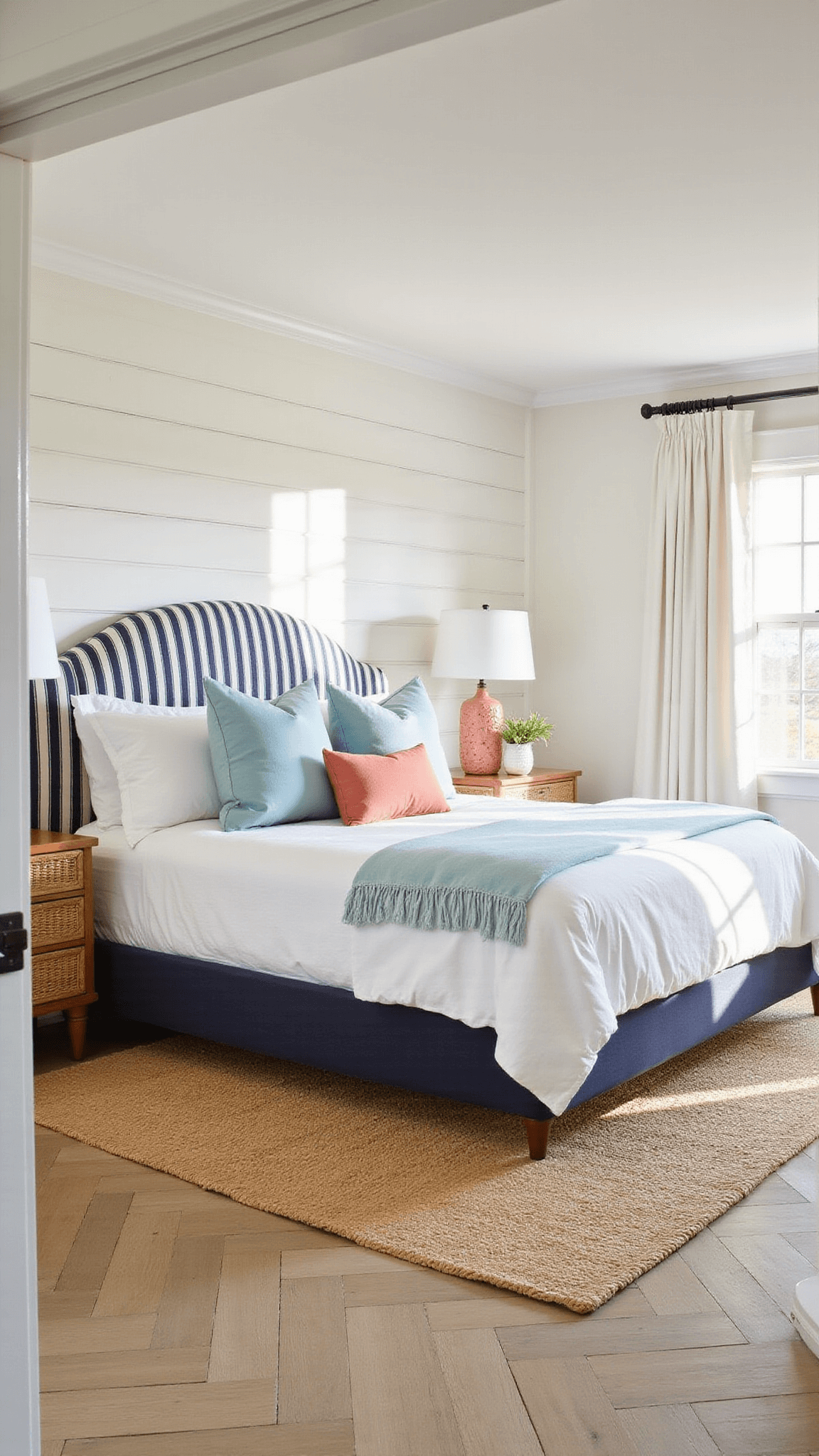 Coastal bedroom with king bed, navy-striped headboard, white linens, coral and blue pillows, rattan nightstands, and soft morning light filtering through white curtains.
