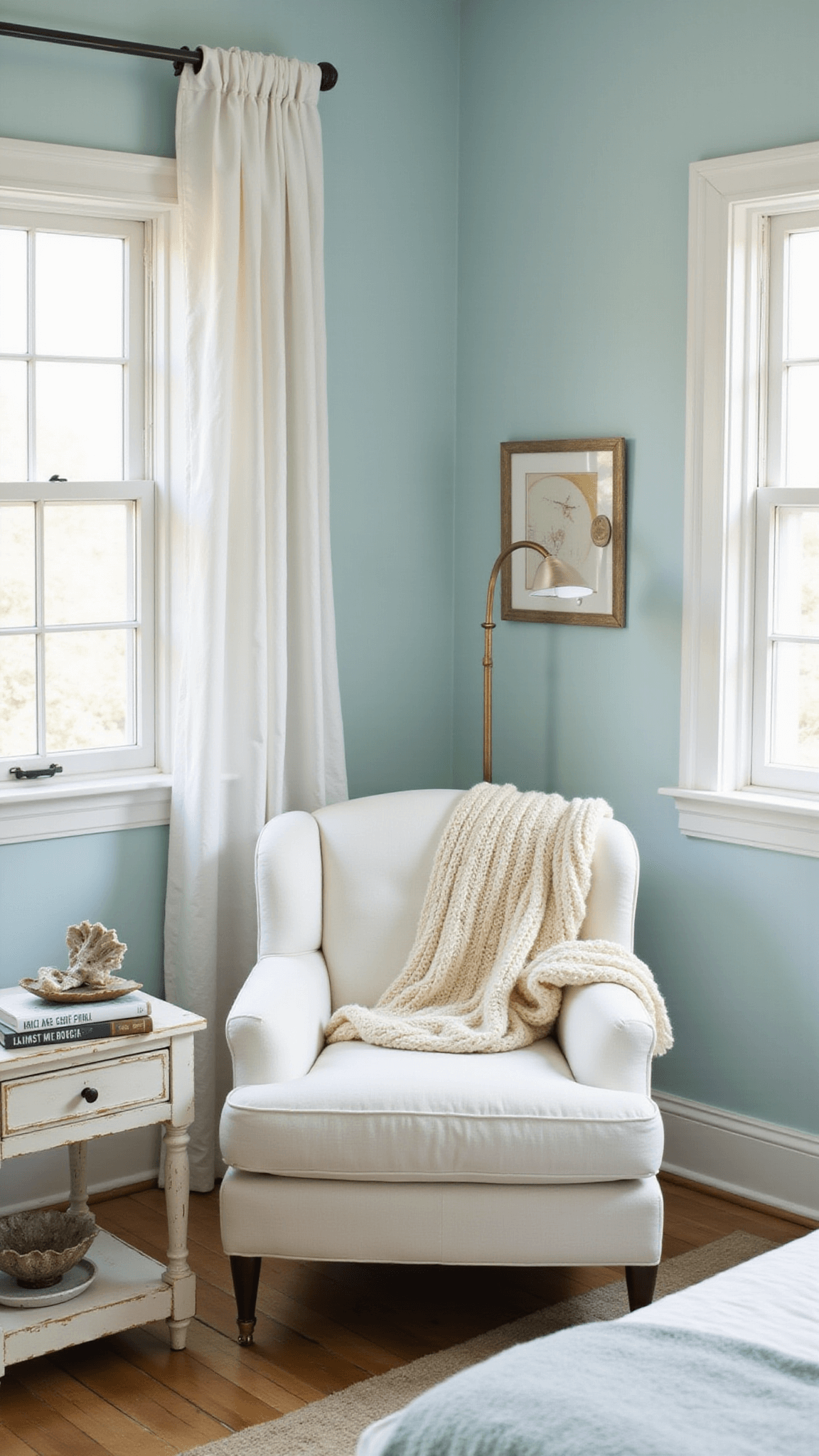 Coastal reading nook with white linen armchair, seafoam blue walls, and brass floor lamp in soft afternoon light.