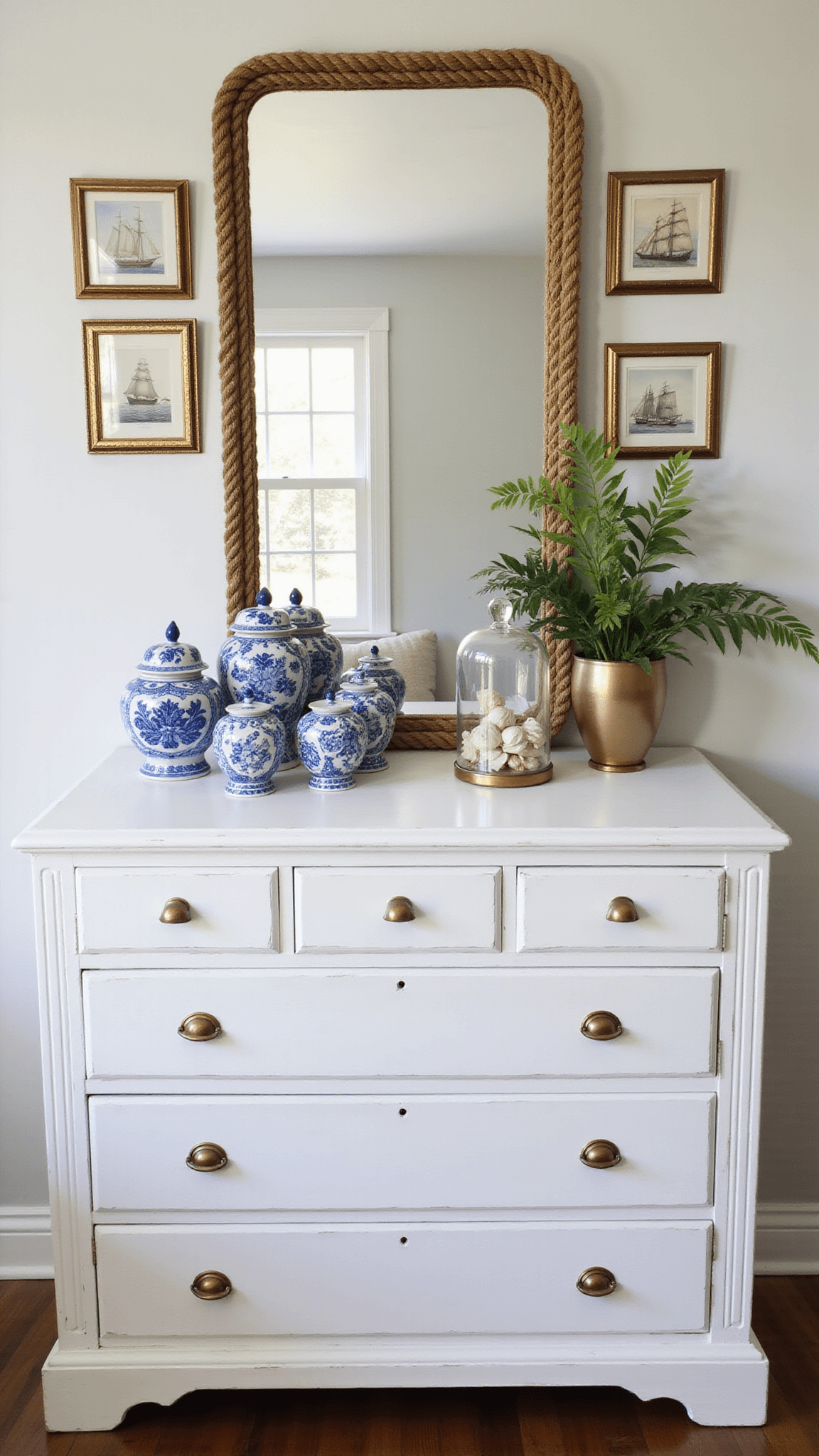 Whitewashed dresser with brass nautical hardware, styled with rope-wrapped mirror, vintage sailing photos, blue-and-white ginger jars, and cloche of shells in soft mid-morning light.
