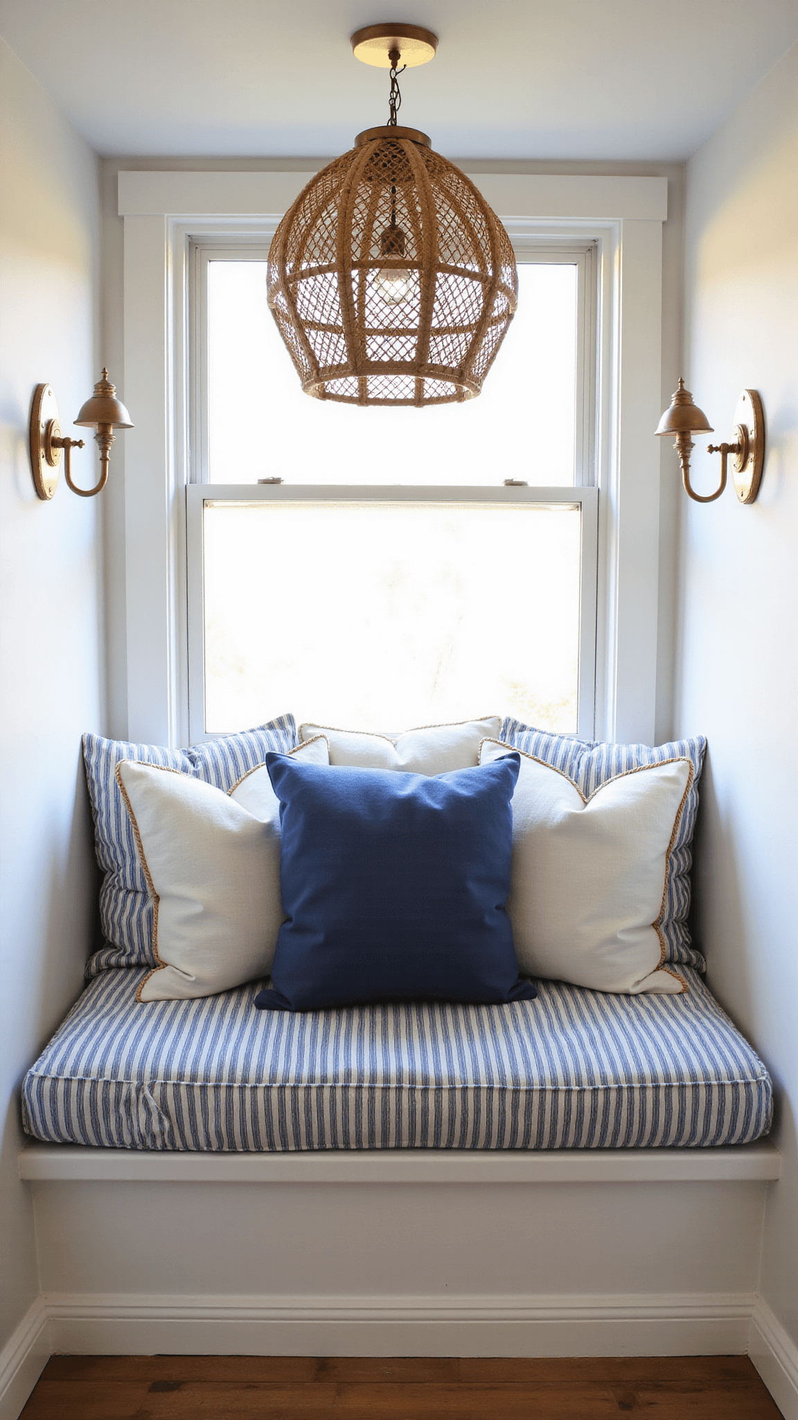Coastal-style window seat with striped cushions, textured pillows, built-in storage, rattan pendant light, brass sconces, and golden hour lighting.